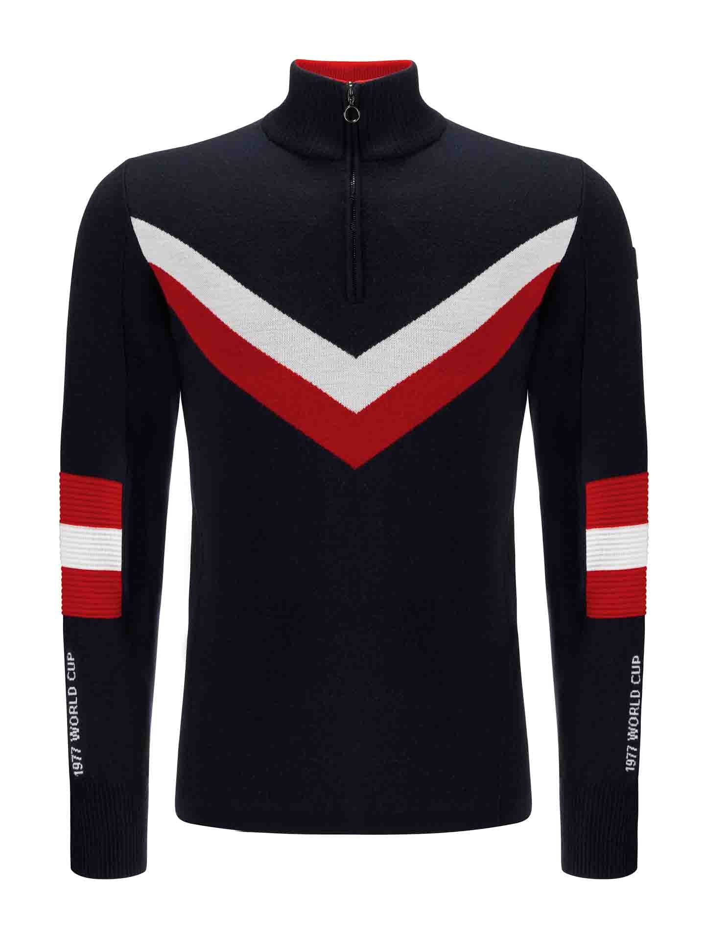 The Hafjell Zip Up Men by We Norwegians is a black jacket featuring bold red and white chevron stripes on the chest, expertly crafted by skilled Italian knitters. The sleeves are adorned with horizontal red and white stripes, and vertical text near the cuffs reads "1971 WORLD CUP," adding the charm of traditional ski sweaters.