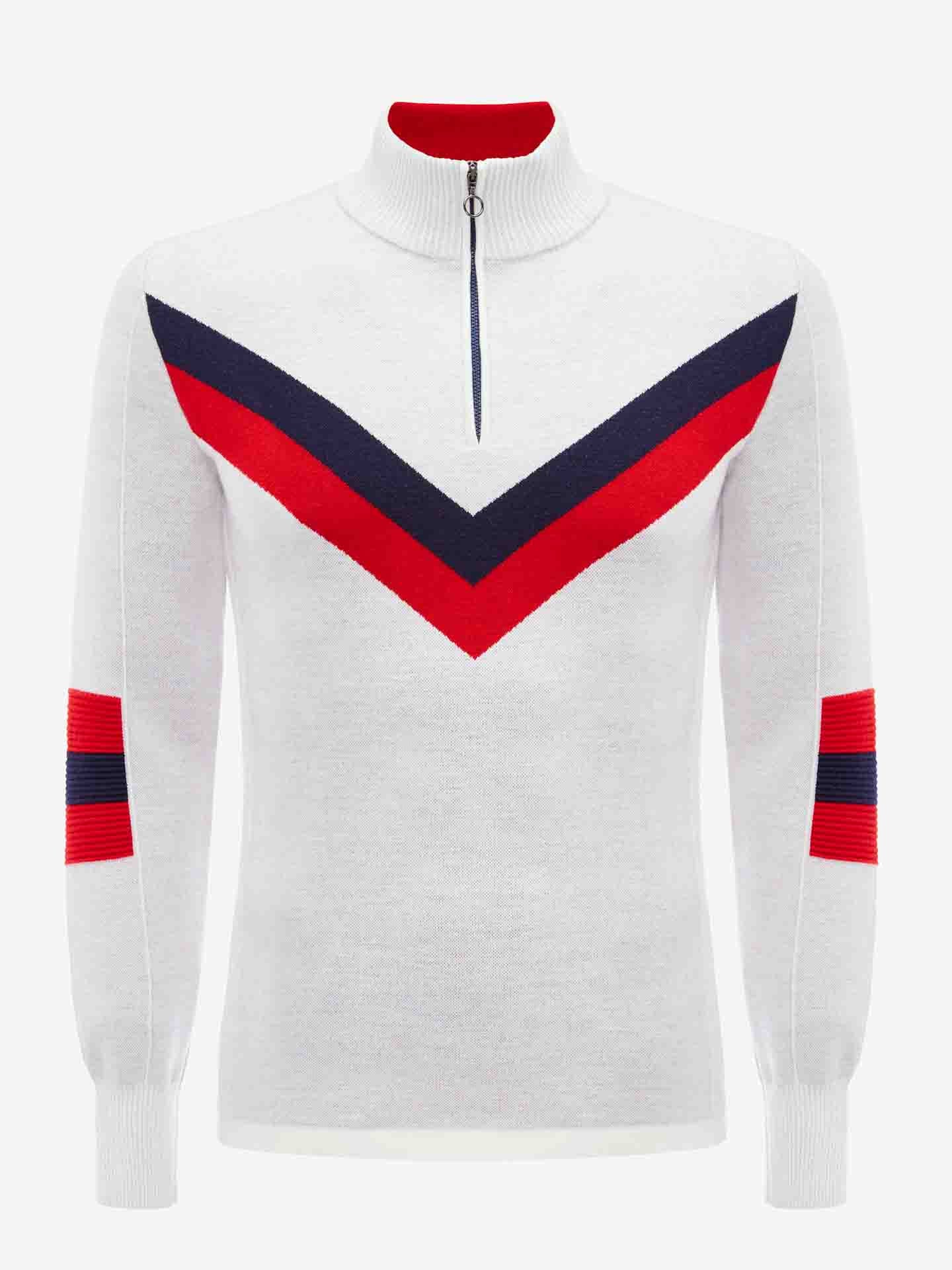 The Hafjell Zip Up Men by We Norwegians is a white long-sleeve sweater featuring a stand-up collar and front zipper, meticulously crafted by Italian knitters from 100% fine merino wool. This ski sweater showcases a striking large V-shaped red and navy blue stripe pattern on the chest, along with two red bands accented with navy blue stripes on each sleeve.