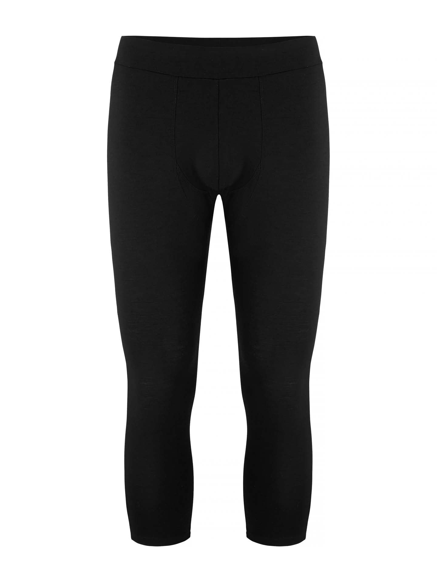 The Sno Merino 3/4 Pants for Men by We Norwegians are black, form-fitting leggings with a high waistband and visible seams, crafted from luxurious merino wool for a supremely soft touch.