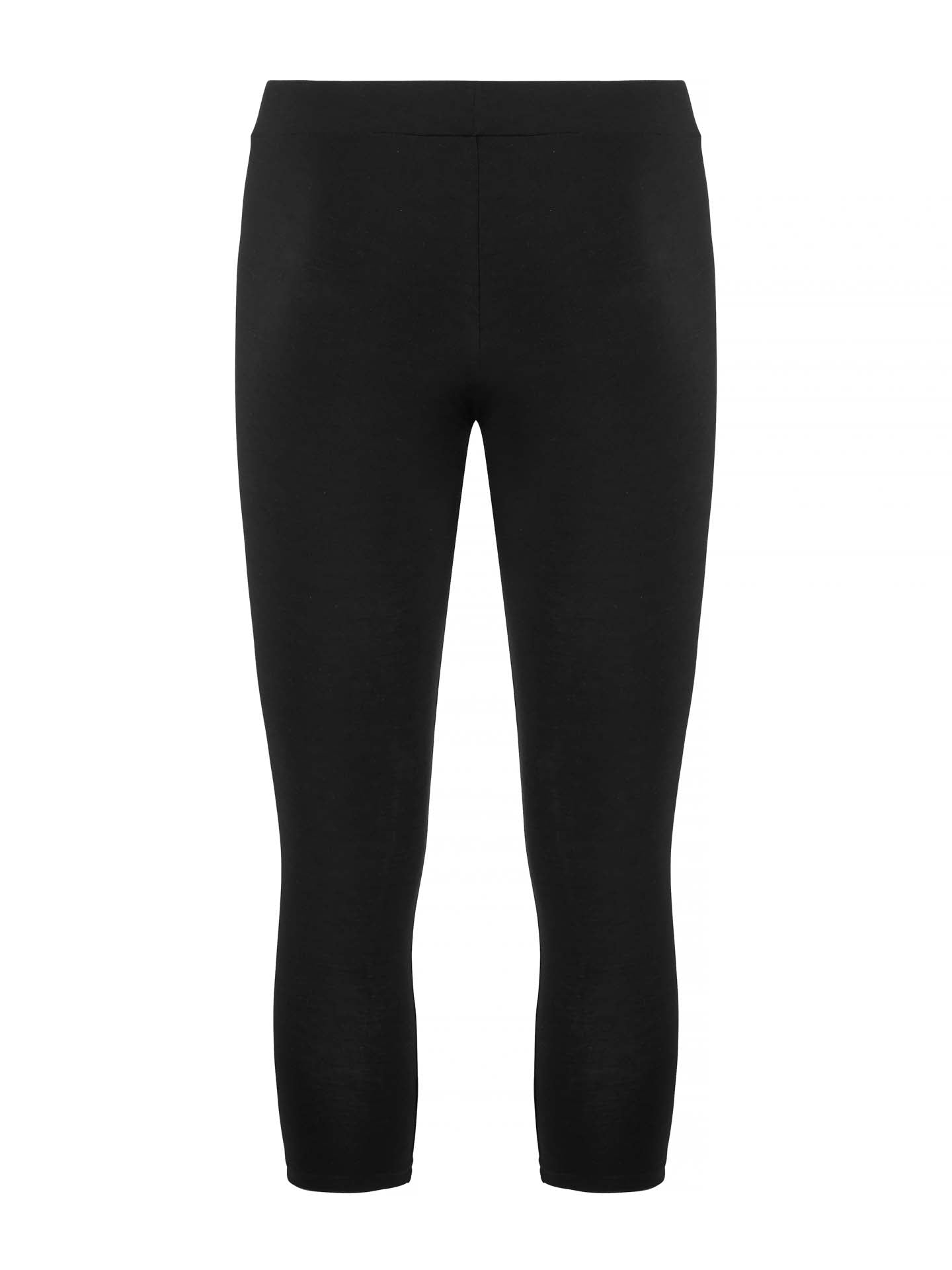 A pair of plain black We Norwegians Sno Merino 3/4 Pants Men, featuring a fitted design and crafted from premium merino wool. These leggings are cropped to just above the ankle, similar to 3/4 length long johns, and boast a smooth, seamless waistband. The stretchy material ensures a snug fit while offering Scandinavian luxury as a base-layer.