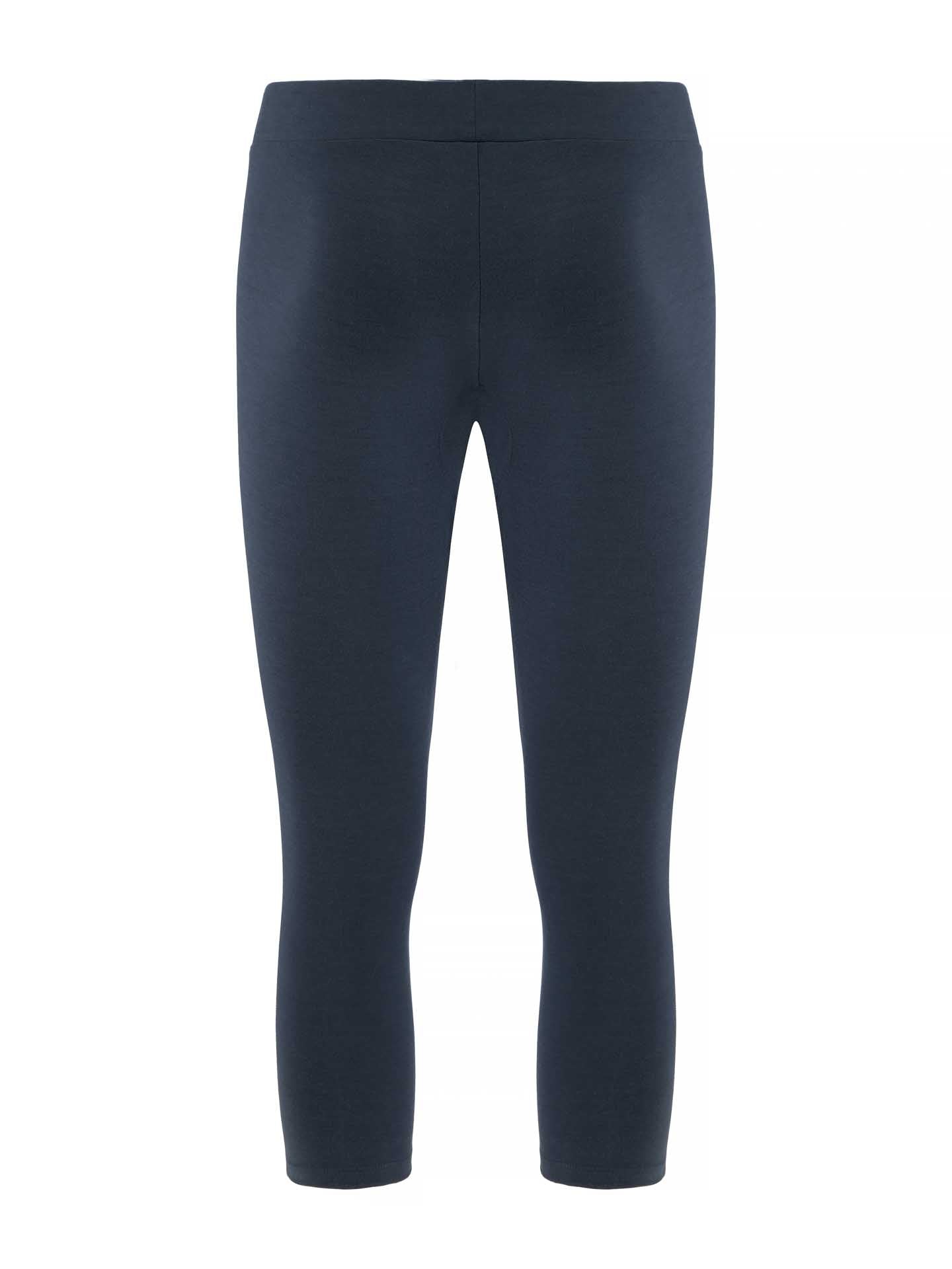 A pair of dark navy blue, form-fitting "Sno Merino 3/4 Pants Men" by We Norwegians, made from smooth merino wool with an elastic waistband, epitomizing Scandinavian Luxury base-layer fashion, shown against a plain white background.