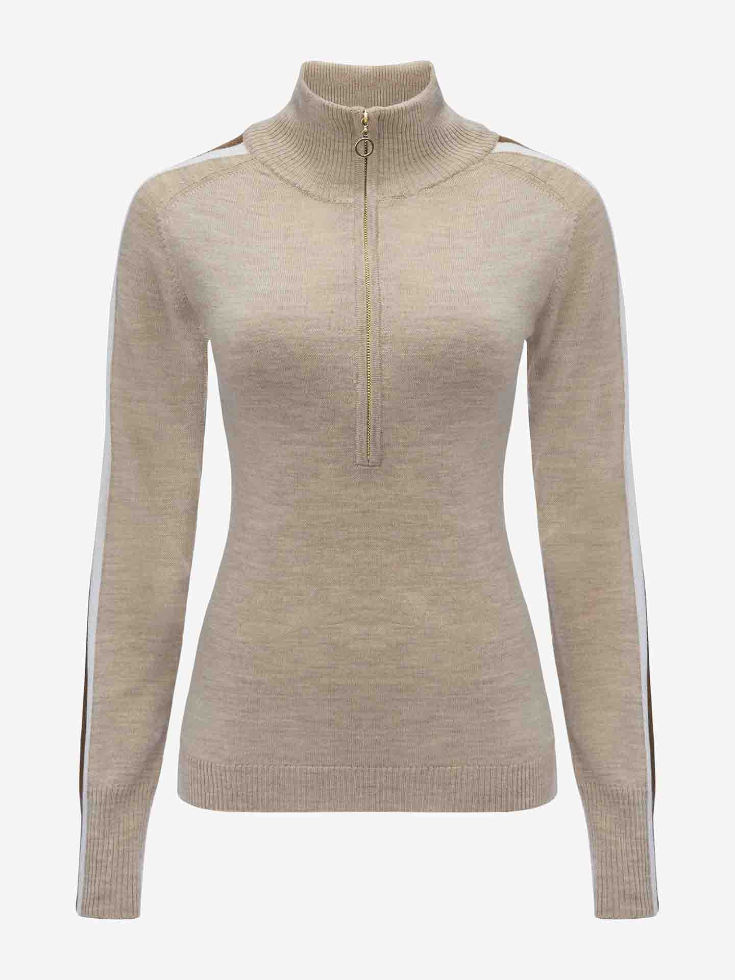 Introducing the Geilo Zip Up Women by We Norwegians: a beige, long-sleeve sweater with a high collar crafted from luxurious Merino wool. It features a front zipper extending halfway down the chest, ribbed cuffs and hem, and subtle seam details running from the shoulders down the sleeves—perfect for après-ski moments.