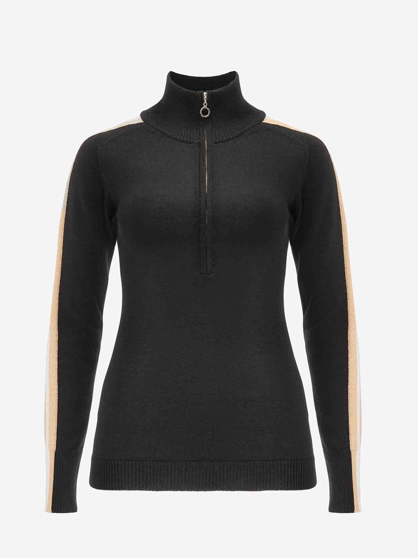 Introducing the Geilo Zip Up Women by We Norwegians: a black long-sleeve Merino Wool sweater with a quarter-zip adorned by a small metal ring zipper pull. Beige stripes run along the length of each sleeve, and its ribbed collar stands up slightly—perfect for your next après ski adventure.