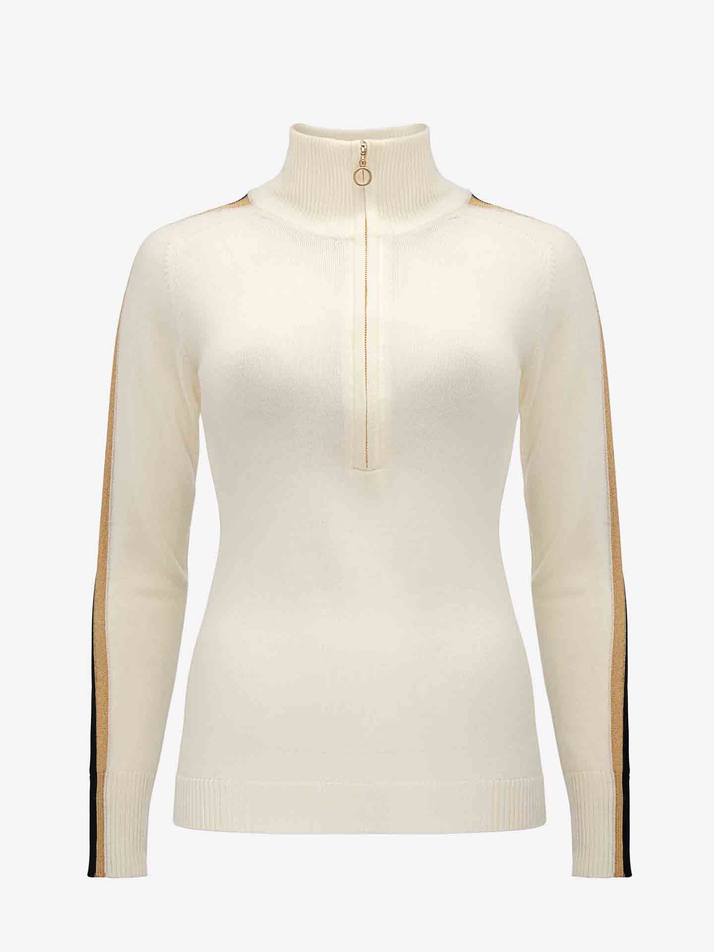 The Geilo Zip Up Women by We Norwegians is a cream-colored, long-sleeve turtleneck sweater made of soft Merino Wool. It features a front zipper that extends halfway down the chest and has a small circular pull for that perfect après-ski look. Tan and black vertical stripes run along the length of each sleeve, adding to its stylish design.