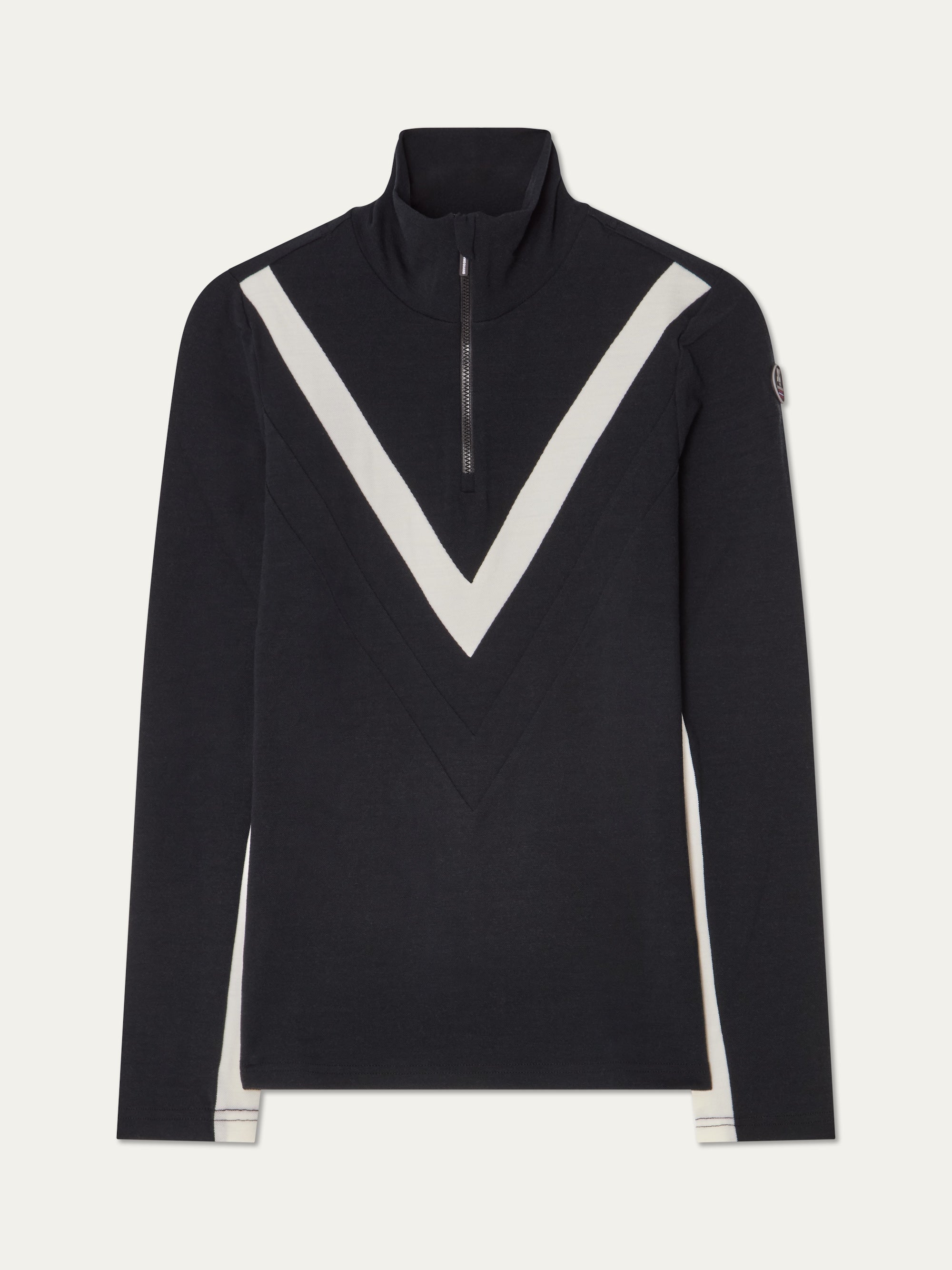 The Voss Chevron ZipUp Women by We Norwegians is a black long-sleeve pullover with a half-zip collar and white chevron stripes—perfect as a minimalist, sporty base layer for mountain adventures.