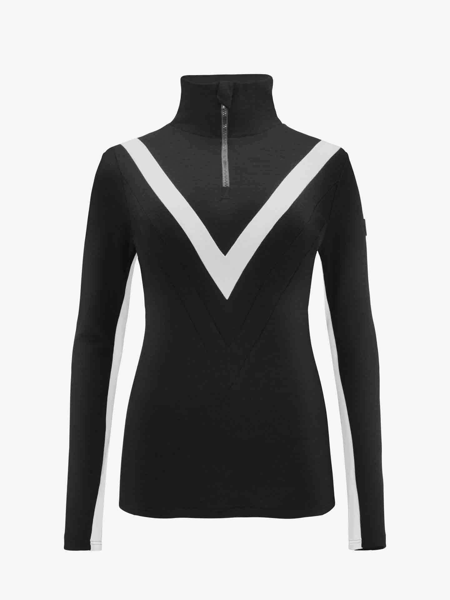 The Voss Chevron ZipUp Women by We Norwegians is a long-sleeve, black and white athletic pullover made from super fine Merino wool. Featuring a quarter-zip front and high collar, it showcases retro vibes with a prominent white V-shaped stripe on the front and white accents on the sleeves.