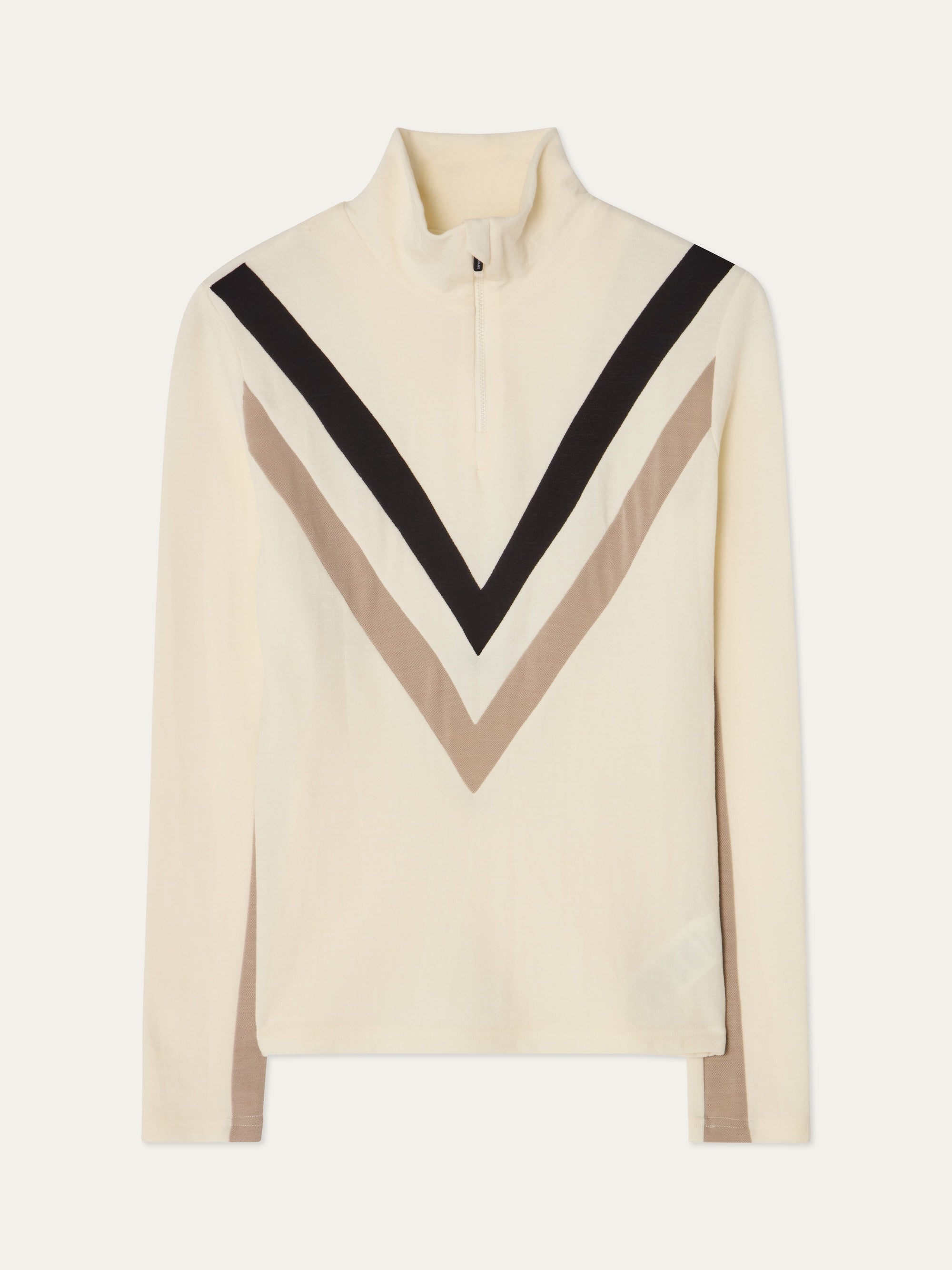 The We Norwegians Voss Chevron ZipUp Women is a cream long-sleeve Merino wool pullover with a high collar, front zipper, bold black and taupe V-shaped chest stripes, and matching taupe accents on the lower sleeves.