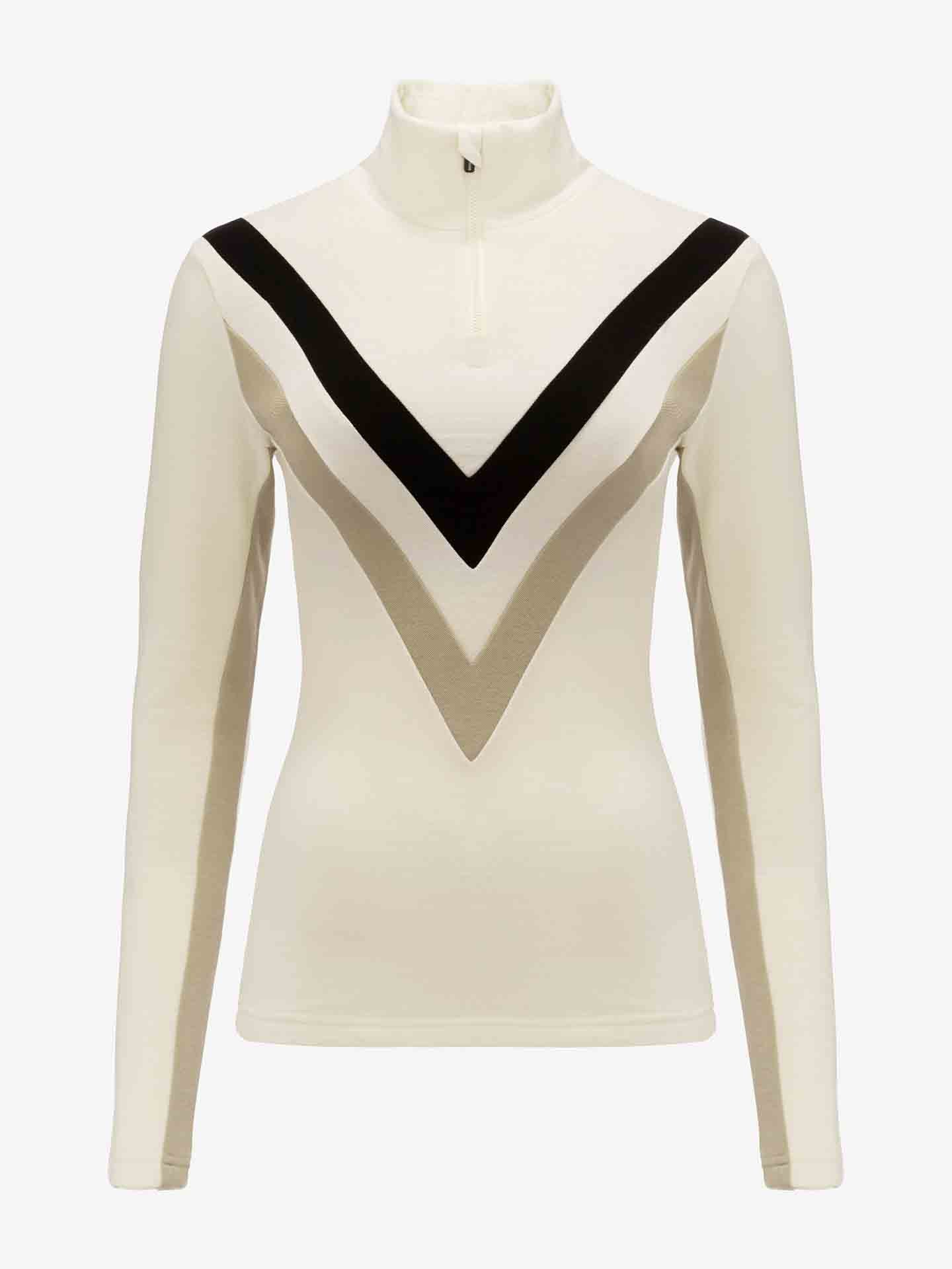 The Voss Chevron ZipUp Women by We Norwegians is a long-sleeved, cream-colored athletic top with a high neck and a partial front zipper. Crafted from Super Fine Merino wool, it features a bold, V-shaped geometric design across the chest in black and beige, adding retro vibes to your activewear collection.