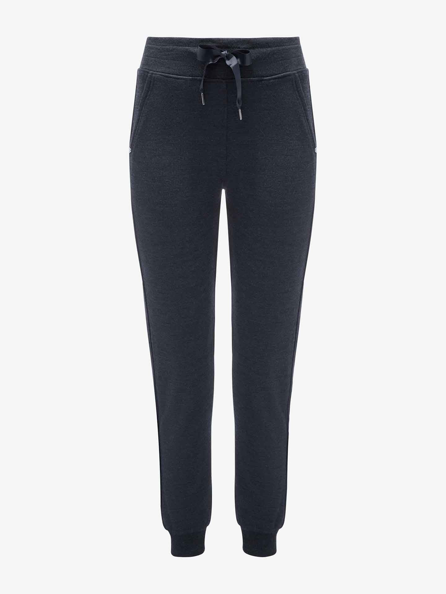 A pair of dark gray jogger pants with an elastic waistband, a black drawstring tie at the front, and side pockets. The pants feature a tapered fit with ribbed cuffs at the ankles. Perfectly matches the Tind Zip Up Sweater for an ideal combination, available in our Limited Time Bundle: Tind Zip Up & Tind Jogger Women from We Norwegians.