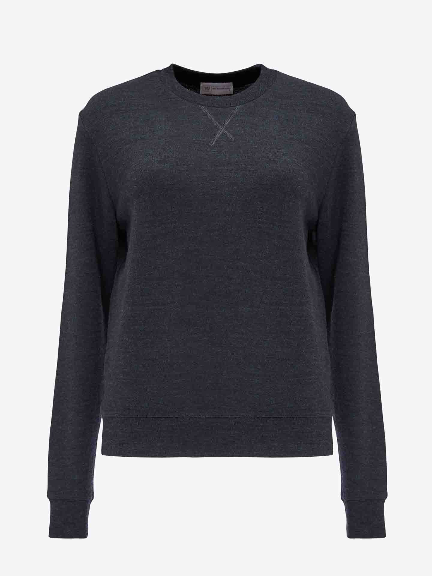 A plain navy long-sleeve sweatshirt named "Tind Crewneck Women Navy" from We Norwegians is displayed on a white background. Crafted with merino wool sportswear in mind, it features a crew neckline, ribbed cuffs, and a ribbed hem with a small stitched "X" design detail at the front of the neck for that luxurious sporty style.