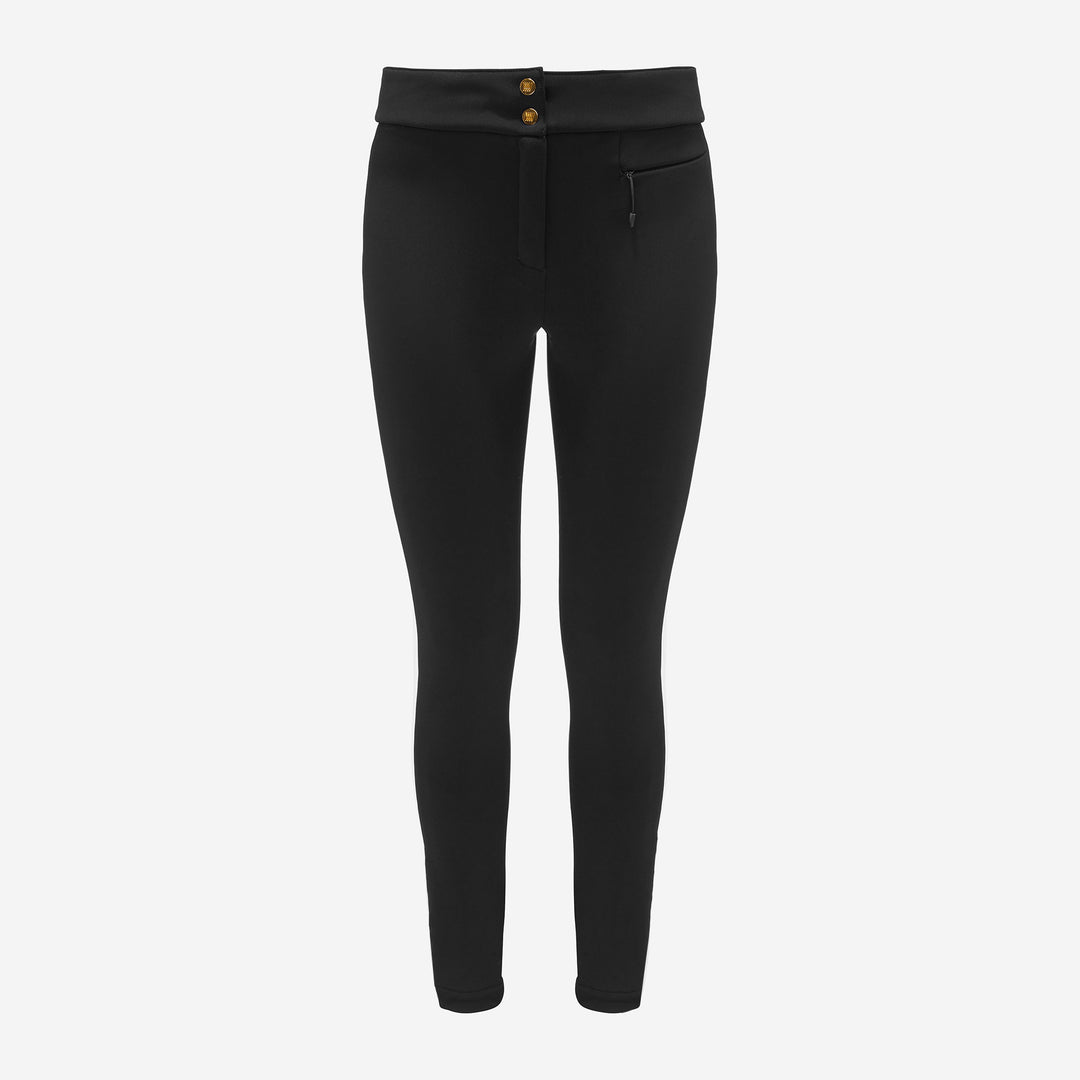 We Norwegians' Kvitfjell SlimLeg SkiPant Women features black high-waisted leggings with a front zipper and two gold waistband buttons, reminiscent of stirrup pants; made from form-fitting 4-way stretch fabric with a right-side visible front pocket set against a crisp white background.