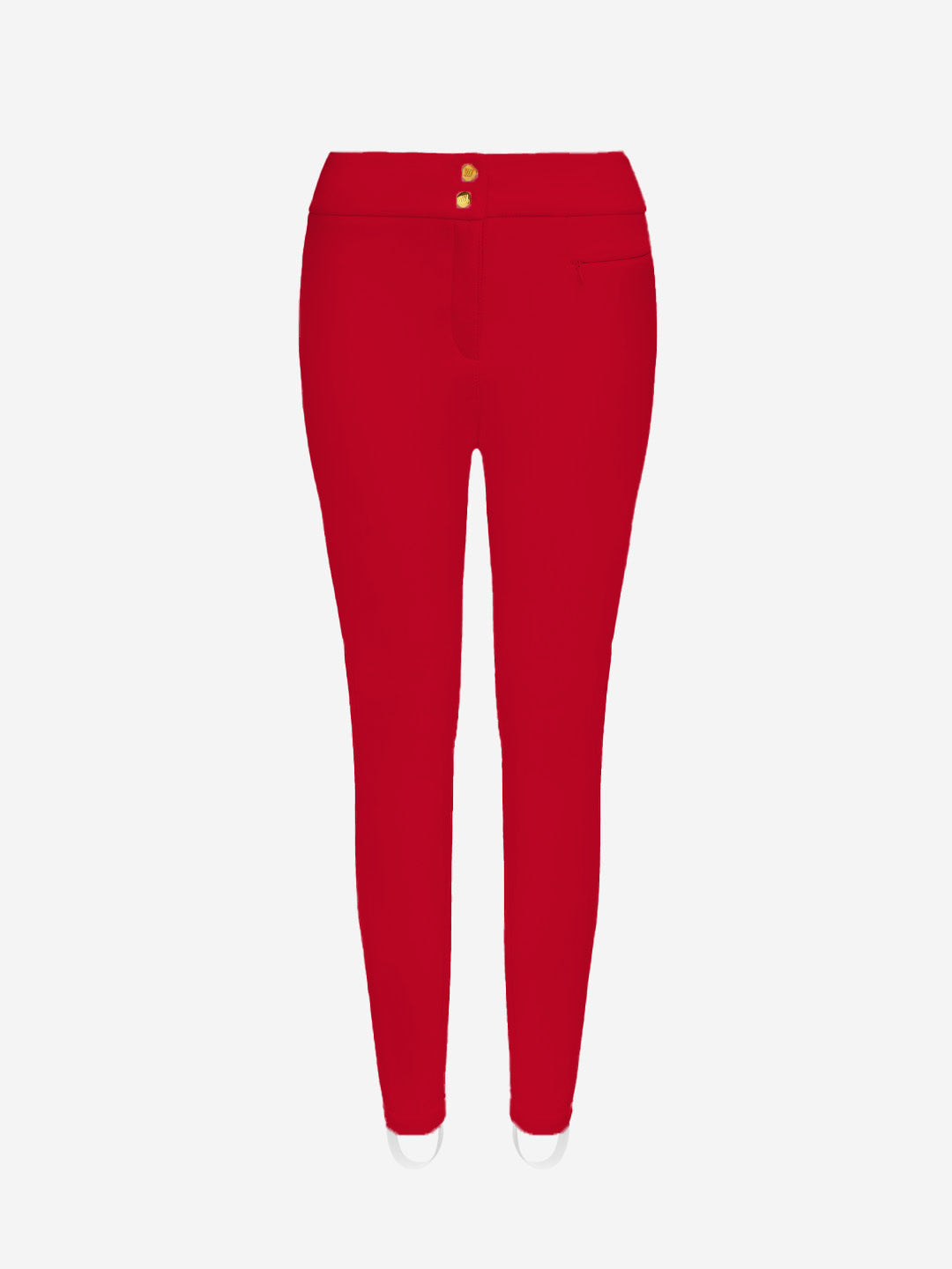 Red Kvitfjell SlimLeg SkiPant Women by We Norwegians features a slim fit, two front buttons, a right-side pocket, and a fabric that's wind and water-repellent with 4-way stretch. Shown on a white backdrop.