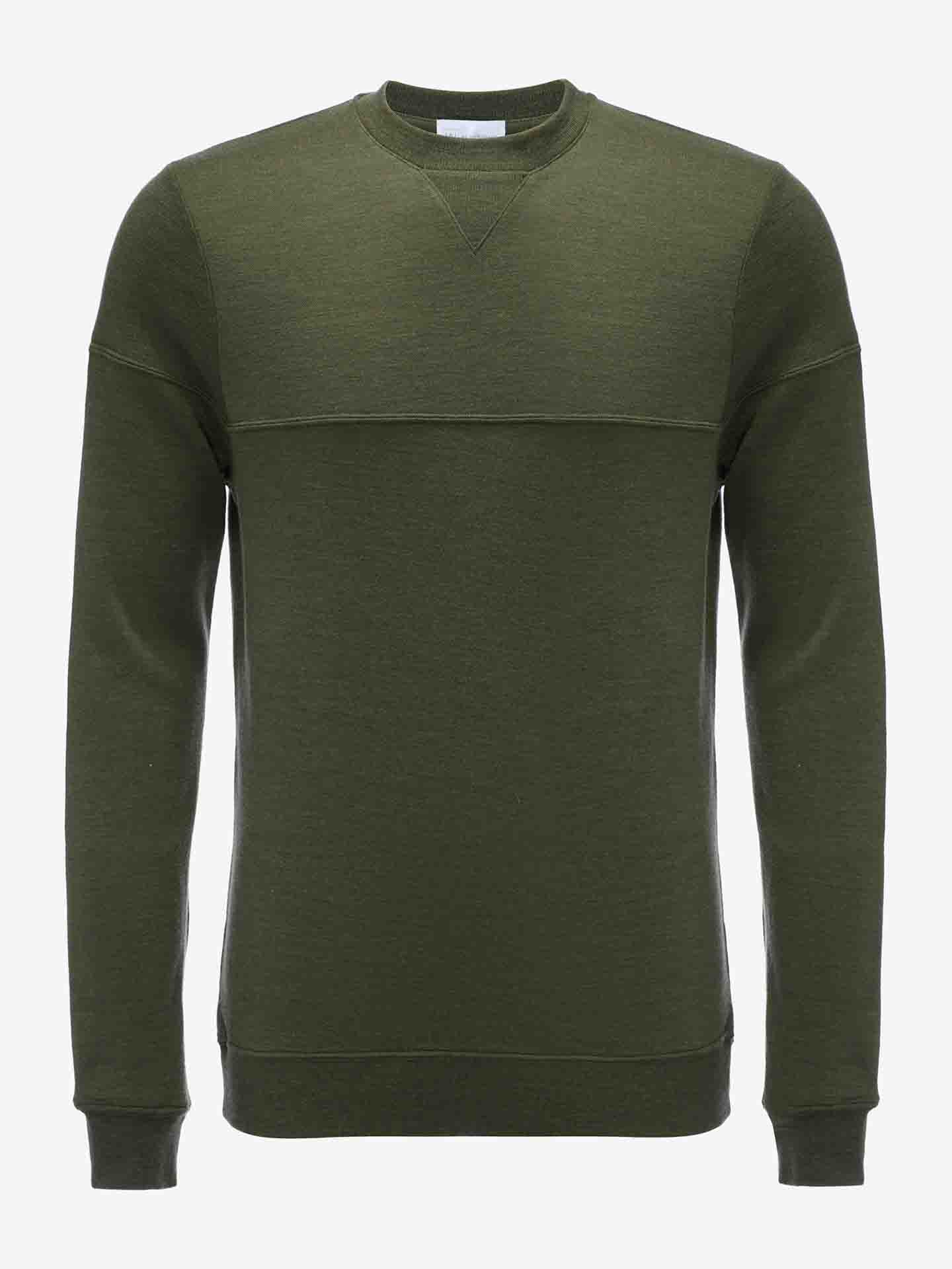 A front view of the Tind Crewneck Men Olive Green sweatshirt by We Norwegians, showcasing its long sleeves, crew neckline, and ribbed cuffs and hem. Reminiscent of classic sportswear, this minimalistic design features a horizontal seam detail across the chest. The fabric appears to be soft Merino wool with a slightly textured finish for comfort.