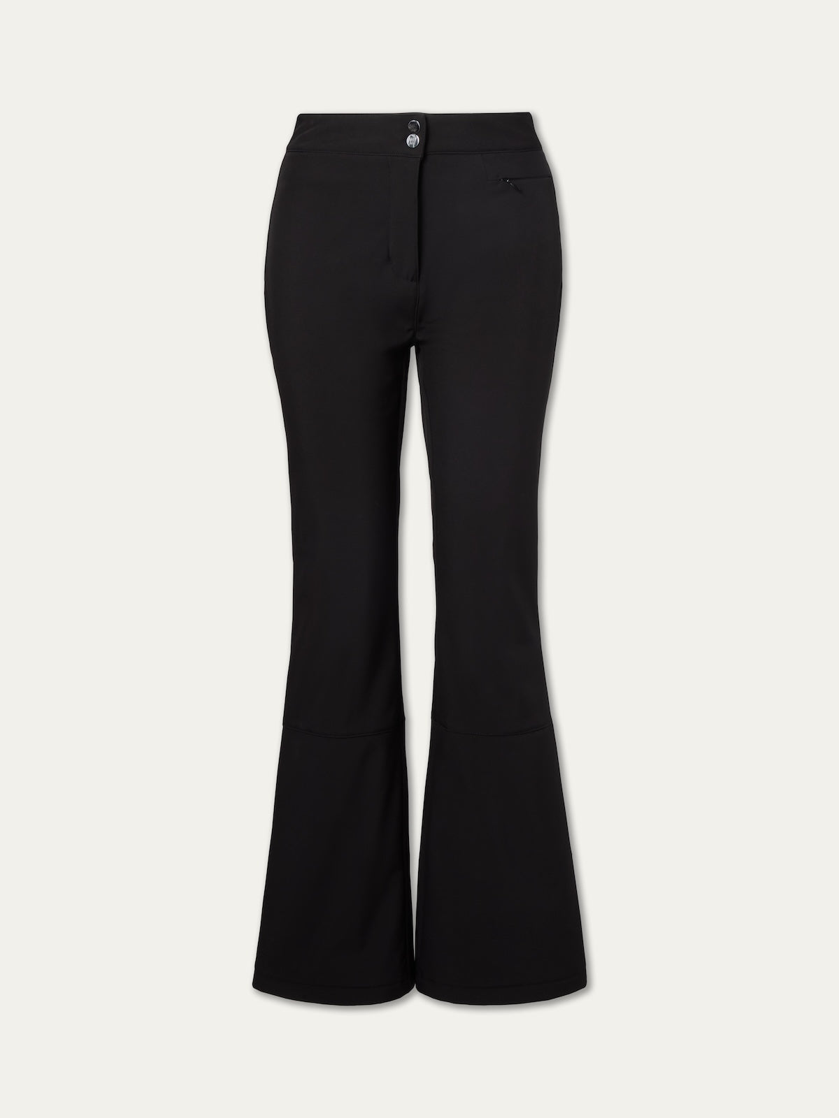 The We Norwegians Tyin Bootleg Ski Pant Women features a fitted waist, front zipper and button closure, and a slight hem flare. Made from soft shell fabric, these ski pants are shown on a plain light background.