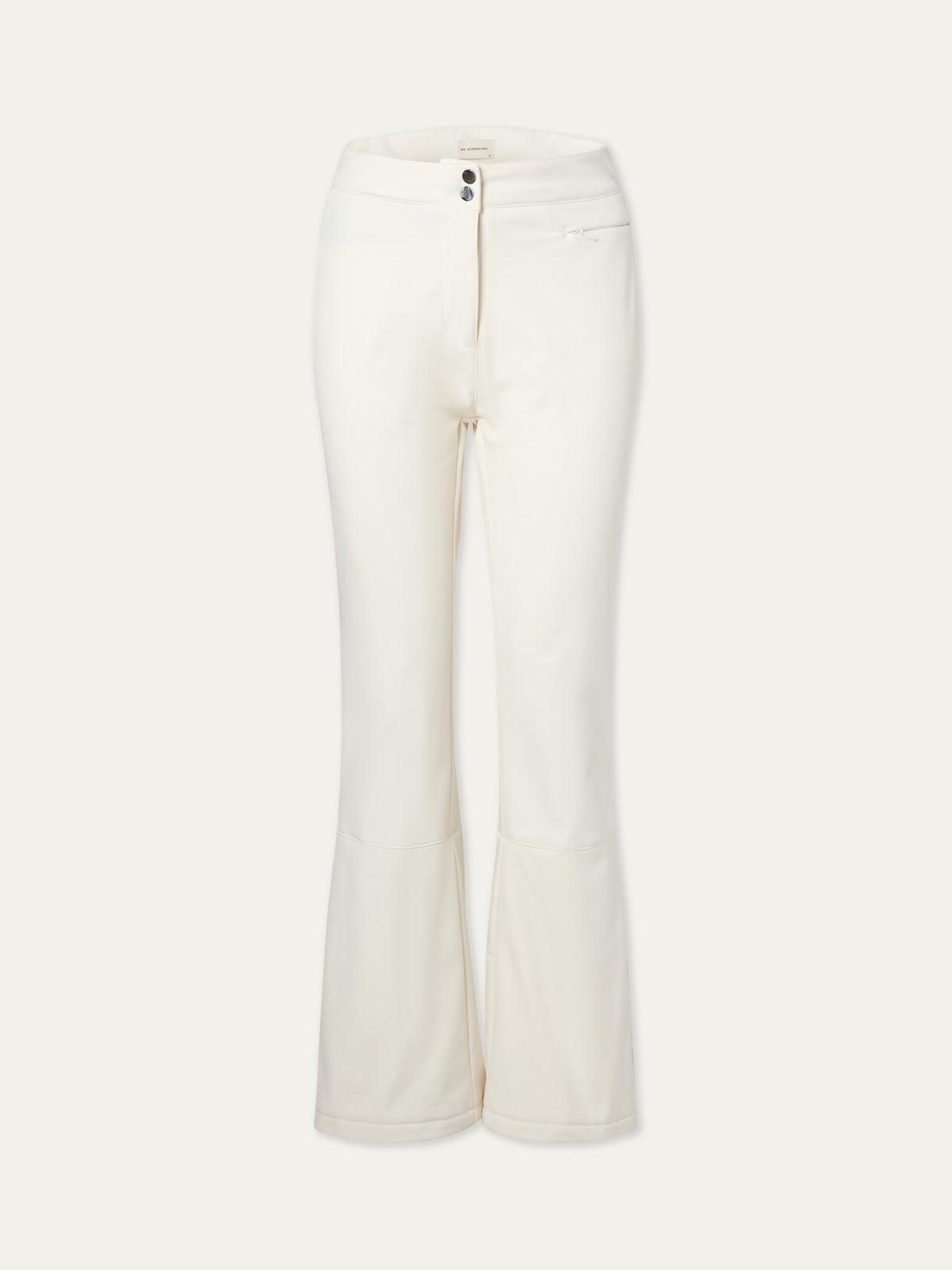 Front view of the We Norwegians Tyin Bootleg Ski Pant Women—a high-waisted, cream flared soft shell ski pant featuring a button and zipper closure plus a small right front pocket.