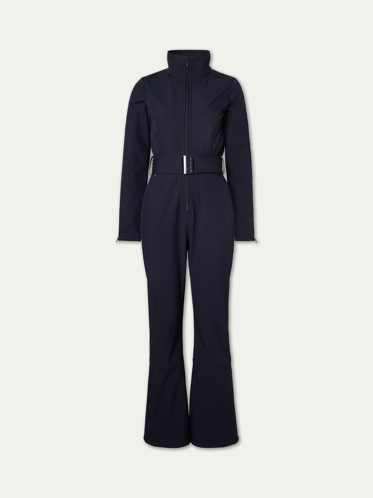 The Tyin Ski Suit Women by We Norwegians is a black, long-sleeve ski suit with a high collar, front zipper, wide waist belt, and water-repellent soft shell fabric—shown on a plain white background.