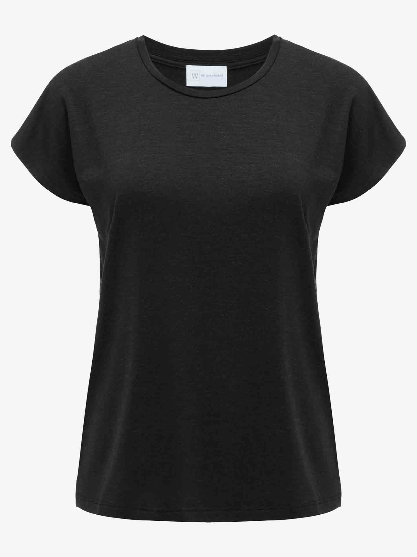 The Hygge Sleeveless Top for Women in Black by We Norwegians is displayed against a white background. Made from soft merino wool, this luxury base layer features a simple design, a crew neckline, and a relaxed fit for ultimate comfort.