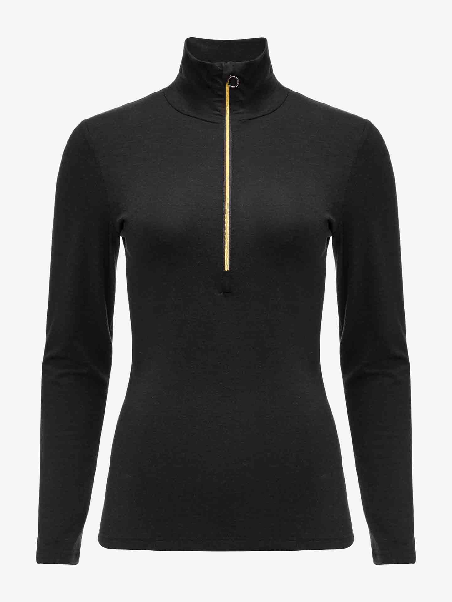 The Hygge Zip Up Women by We Norwegians is a black, long-sleeved, fitted shirt made from merino wool featuring a high collar and a yellow zipper running vertically from the chest to the neck. This luxury layering piece is displayed on a plain grey background.