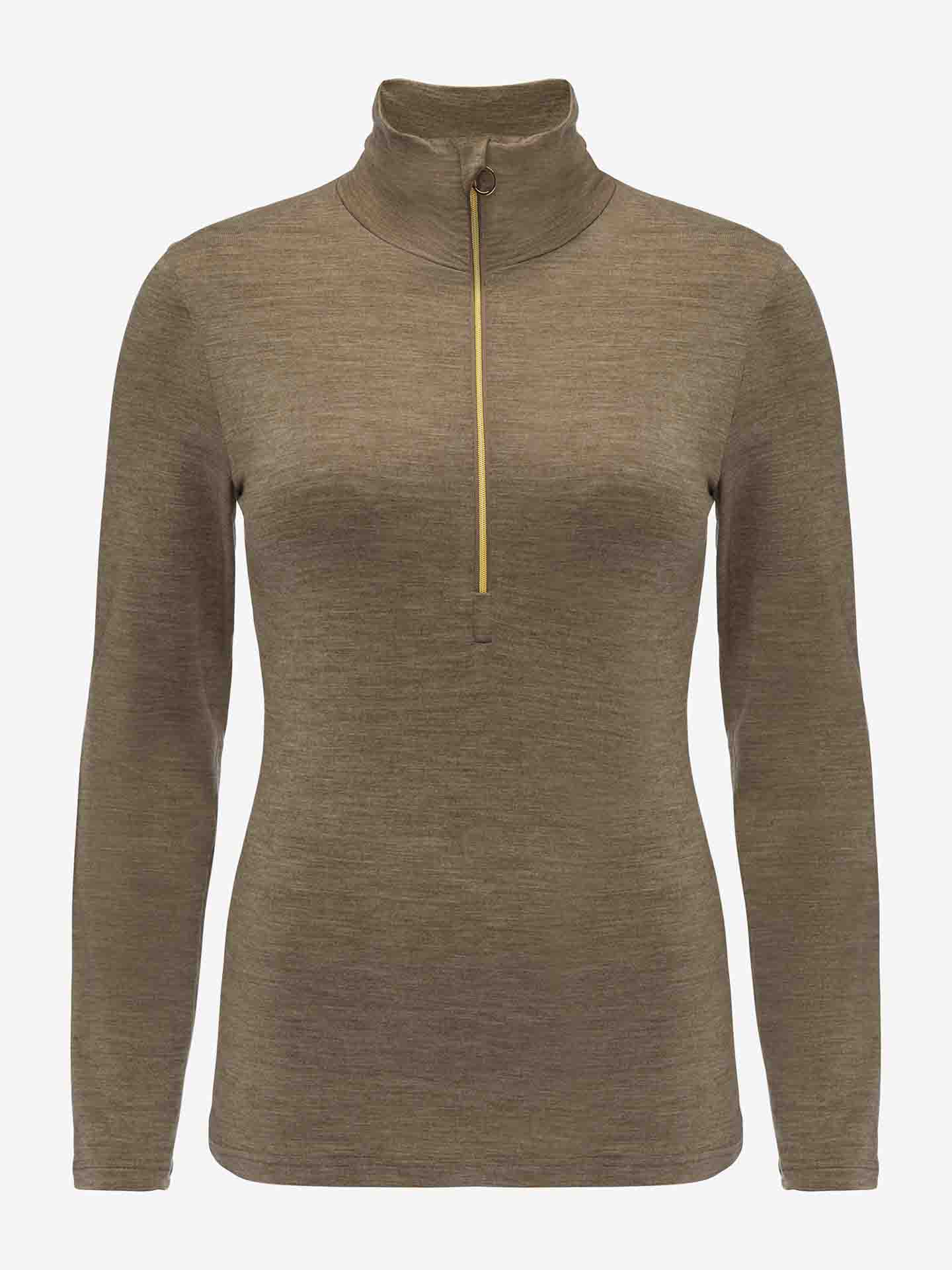 The Hygge Zip Up Women by We Norwegians is an olive green long-sleeve shirt featuring a high collar and a gold-colored half zipper down the front. Crafted from merino wool, its fabric has a slight heathered texture, offering a fitted and sleek design. This luxurious layering piece is perfect for any occasion.