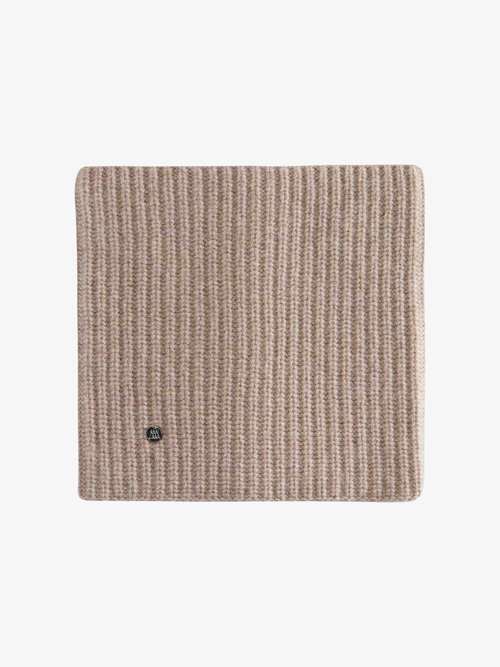 A beige and brown striped ribbed knit accessory, crafted with soft knitwear, appears against a plain background. A small black and white We Norwegians logo tag is attached near the bottom edge.