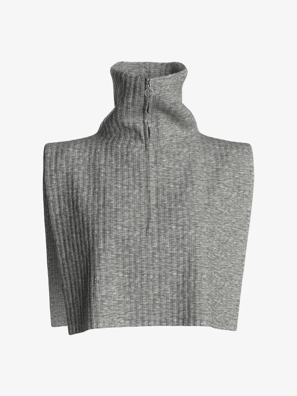 The Blefjell Bib Women by We Norwegians is a gray ribbed cashmere bib featuring a high collar and metal half-zip, designed to provide textured warmth when worn under outer garments.