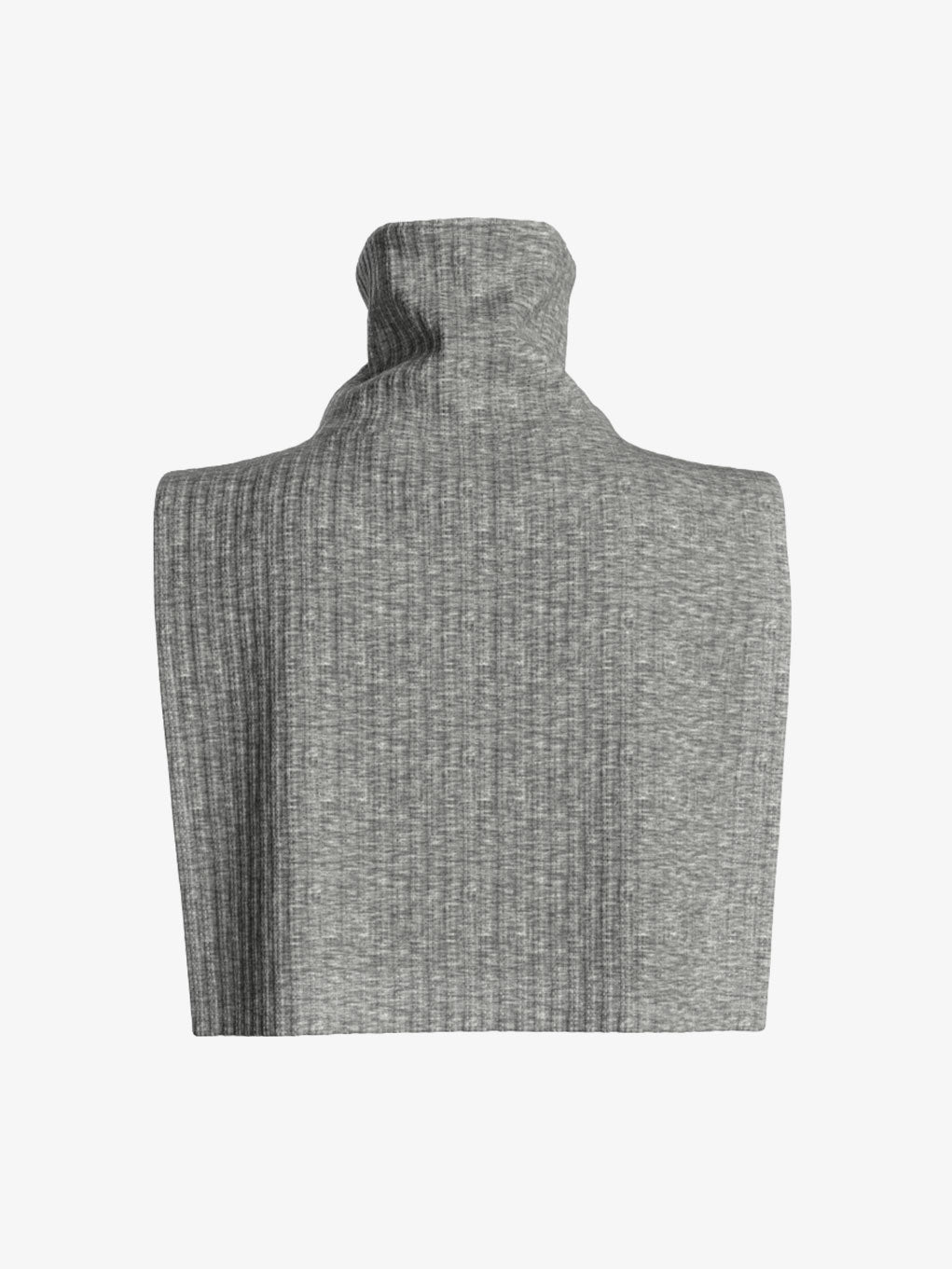 The Blefjell Cashmere Bib Women by We Norwegians is a gray ribbed knit piece resembling a sleeveless sweater top, complete with a fold-over turtleneck and a sleek metal half-zip for added style.