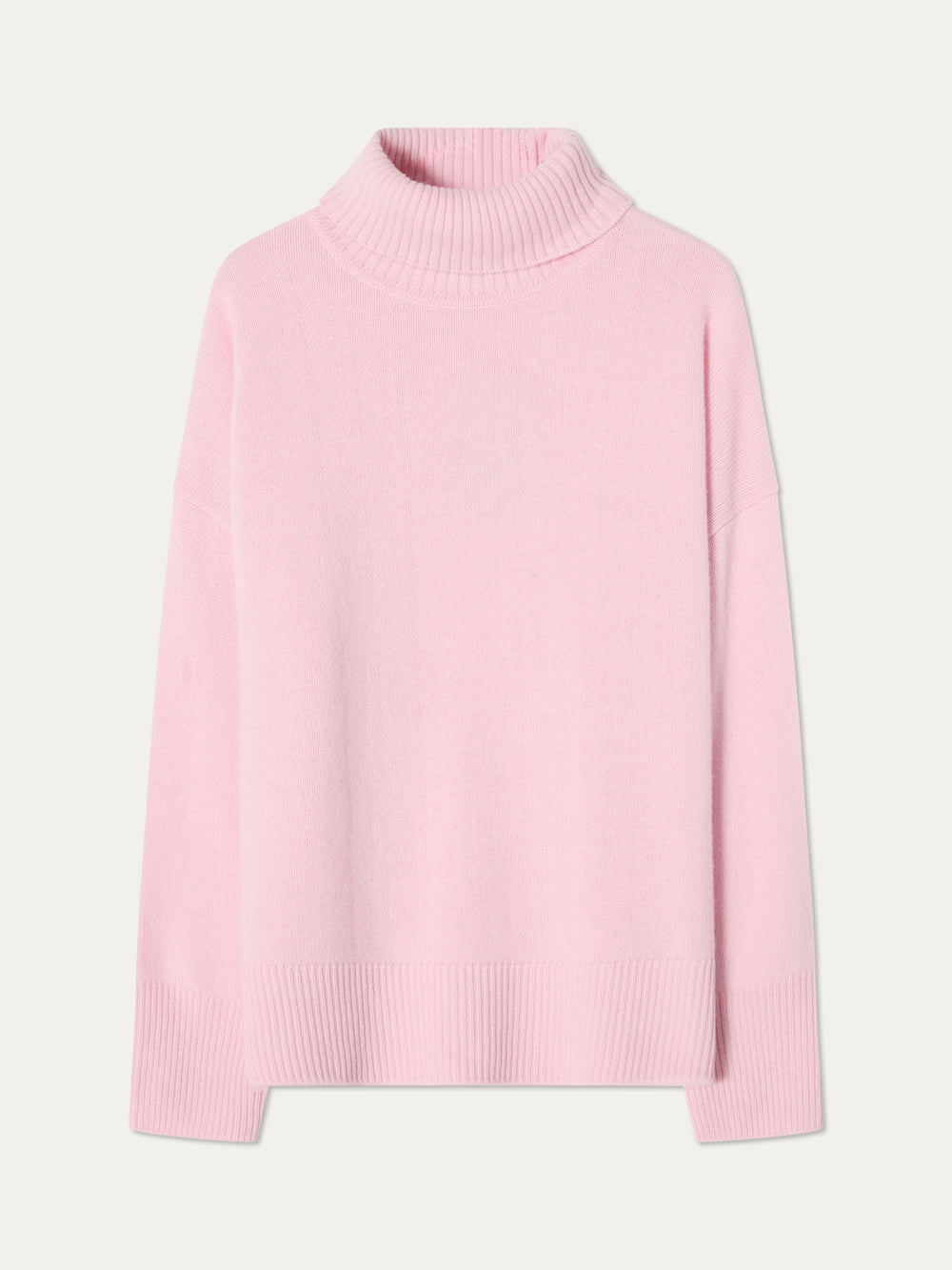 The We Norwegians Blefjell Sweater Women - Pure Cashmere is a light pink luxury knit with long sleeves, turtleneck, and ribbed cuffs, hem, and neckline, shown on a plain white background.