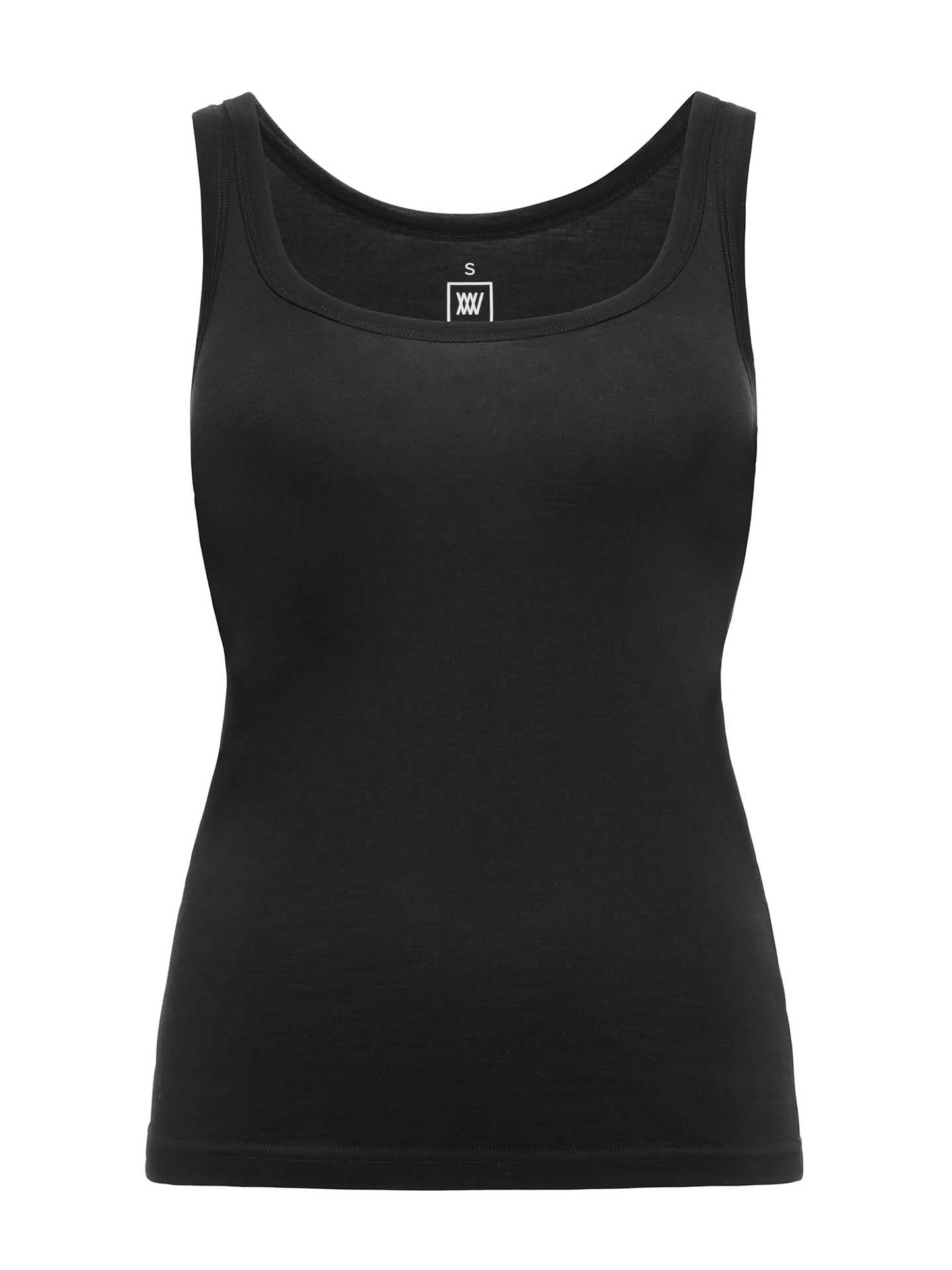 The Sno Merino Tank Top Women by We Norwegians is a black, sleeveless tank top featuring a round neckline and designed with a fitted shape that emphasizes its Scandinavian luxury base-layer design. It is displayed on a plain white background, with the clothing tag at the neck indicating a size small and labeled "XXXV".