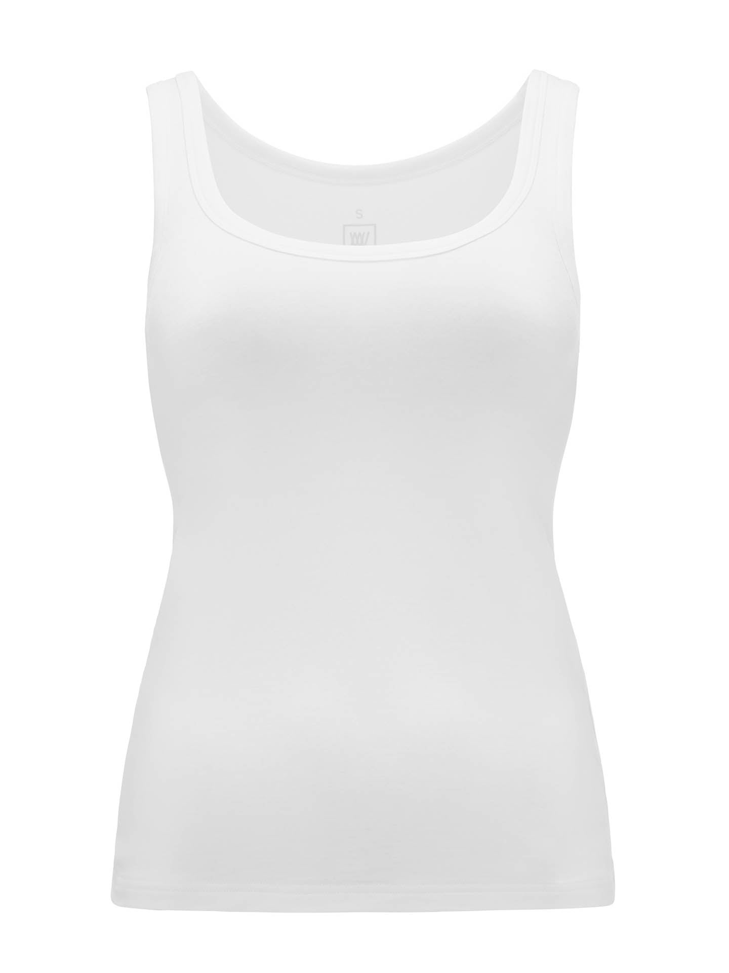 The Sno Merino Tank Top for Women by We Norwegians, featuring a scoop neckline and fitted shape, is crafted from super fine merino wool and displayed against a white background. This Scandinavian luxury base-layer offers a simple and clean look, perfect for casual wear.