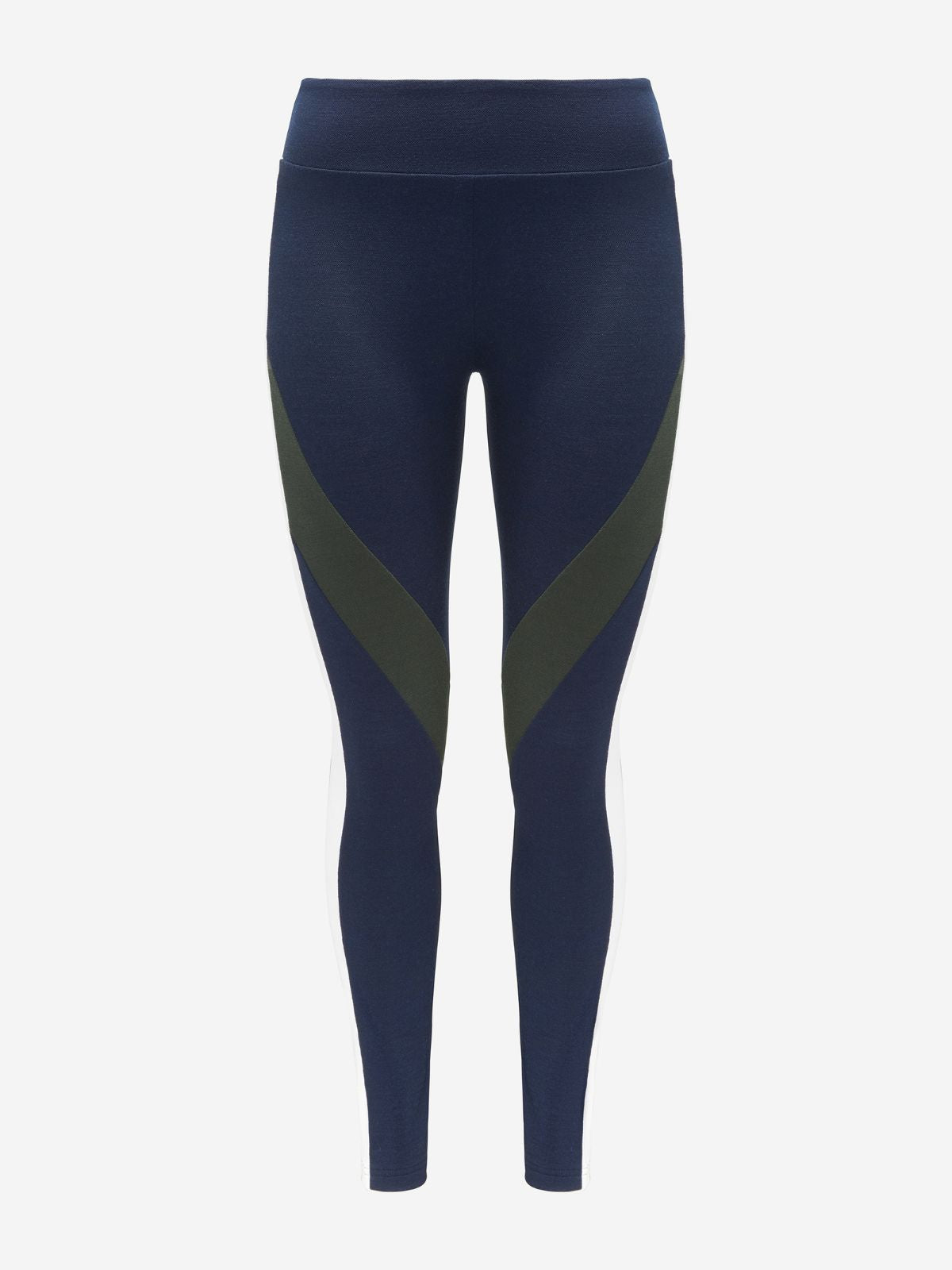 The Inuikii+WN Leggings Women by We Norwegians are navy blue high-waisted leggings featuring a color-block design ideal for ski fashion enthusiasts. These leggings include dark green side panels and white stripes down the legs, set against a plain white background.