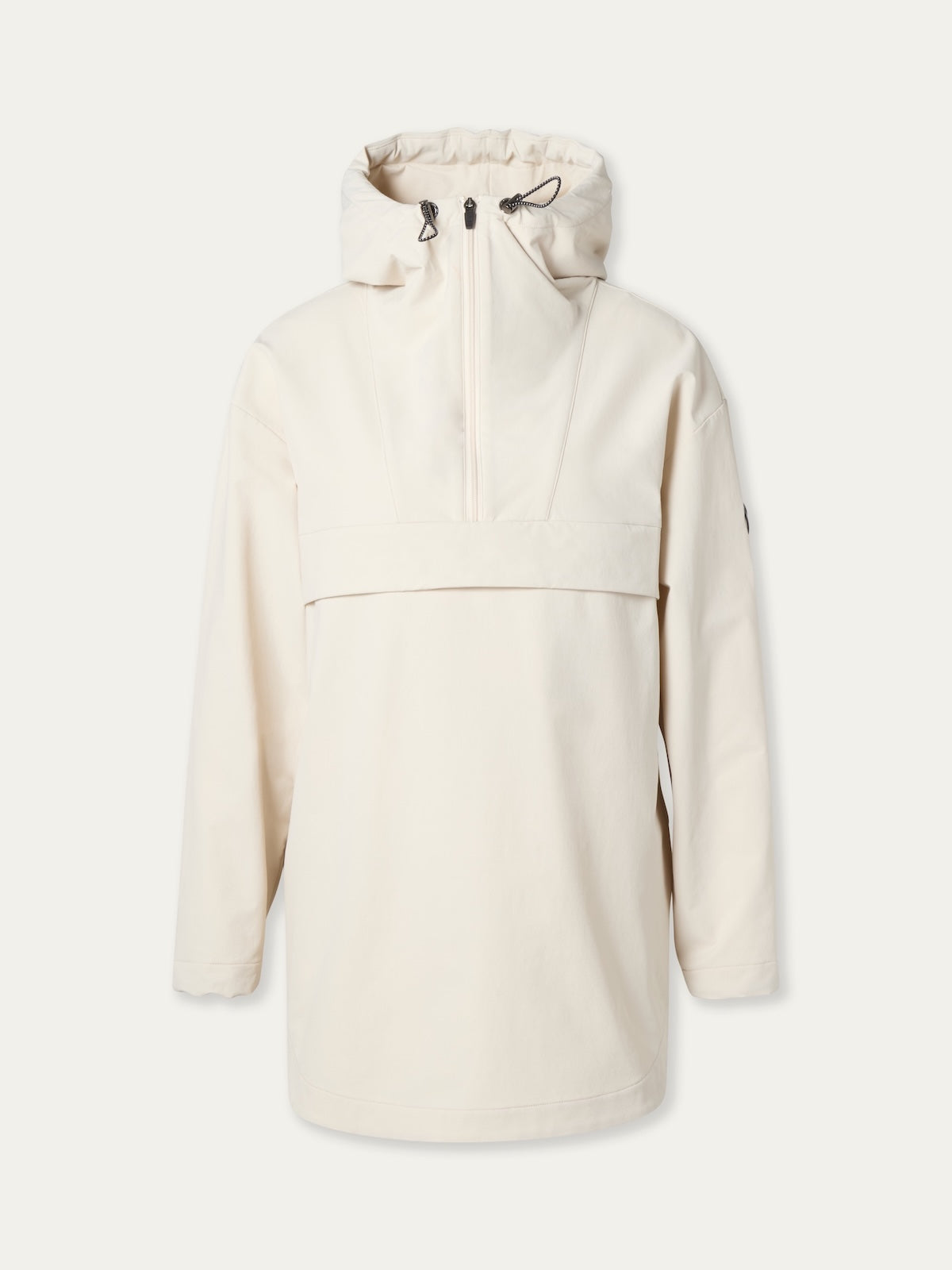 The Beito Anorak Women by We Norwegians is a cream long-sleeve hooded pullover featuring a front half-zip, adjustable drawstrings, and a large chest flap pocket—ideal for Norwegian outdoor style.