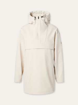 The Beito Anorak Women by We Norwegians is a cream long-sleeve hooded pullover featuring a front half-zip, adjustable drawstrings, and a large chest flap pocket—ideal for Norwegian outdoor style.