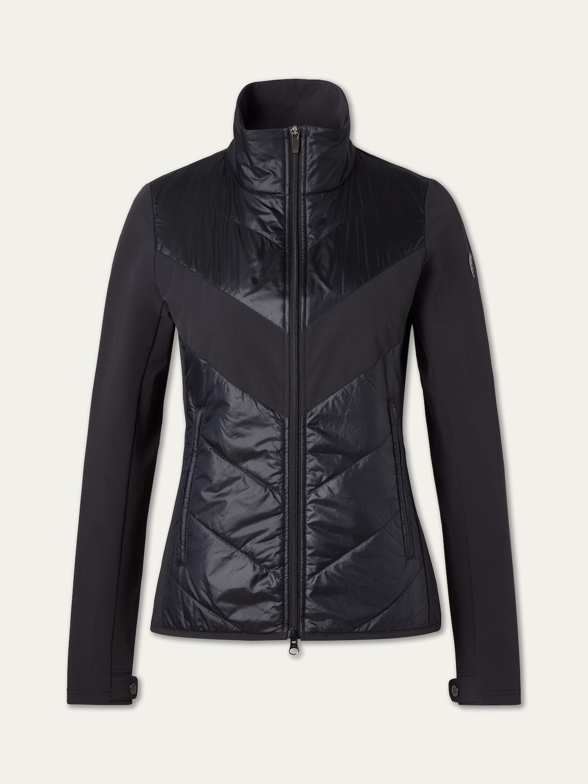The We Norwegians Beito Jacket Women is a black, fitted training jacket with a high collar, front zipper, diagonal panels, zippered side pockets, and water-repellent fabric combining matte and slightly shiny finishes.