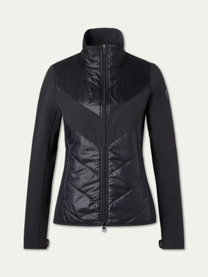 The We Norwegians Beito Jacket Women is a black, fitted training jacket with a high collar, front zipper, diagonal panels, zippered side pockets, and water-repellent fabric combining matte and slightly shiny finishes.