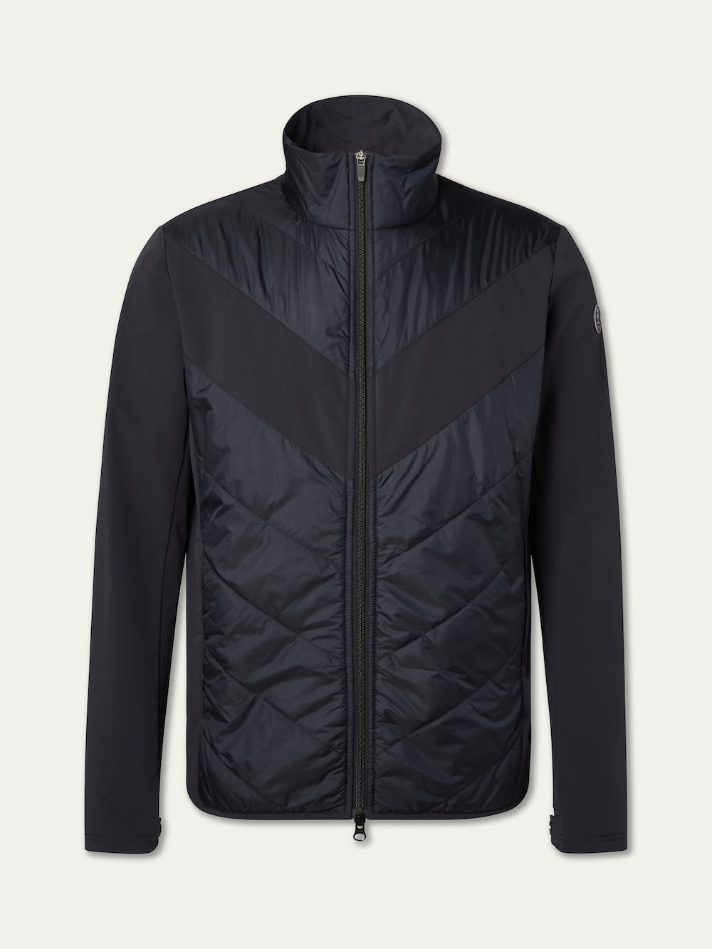 The We Norwegians Beito Jacket Men is a black, full-zip insulated winter jacket with a high collar, quilted chevron front, smooth sleeves and sides for comfort, and a subtle logo patch on the left upper sleeve.