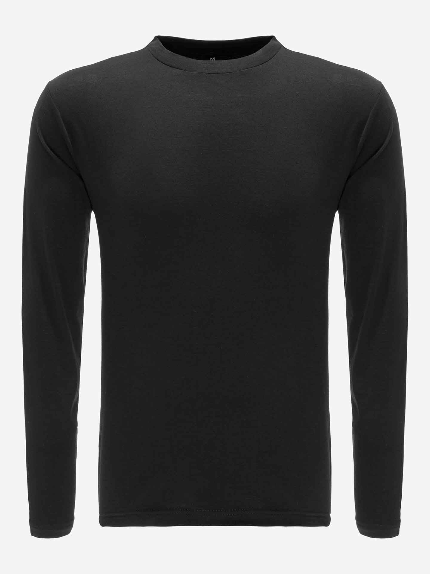 The Snø Merino Long Sleeve Men by We Norwegians, a plain black long-sleeve shirt crafted from stretchy merino fabric, is showcased against a light gray background. Featuring a simple crew neck design with no visible logos or patterns, it offers a minimalist and classic appearance, making it ideal as a base layer for any outfit.