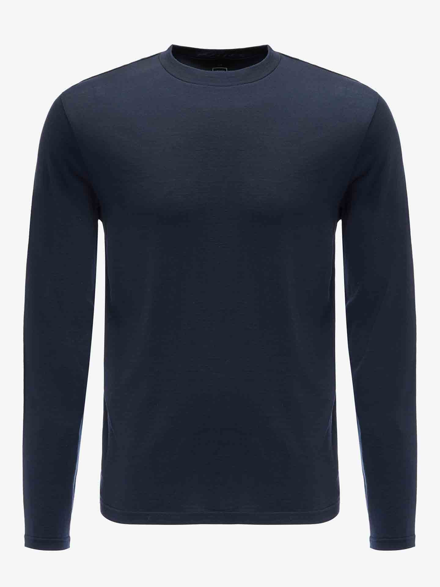 The Sno Merino Long Sleeve Men by We Norwegians is a dark navy blue, breathable fabric shirt with a crew neckline, elegantly shown on a white background.