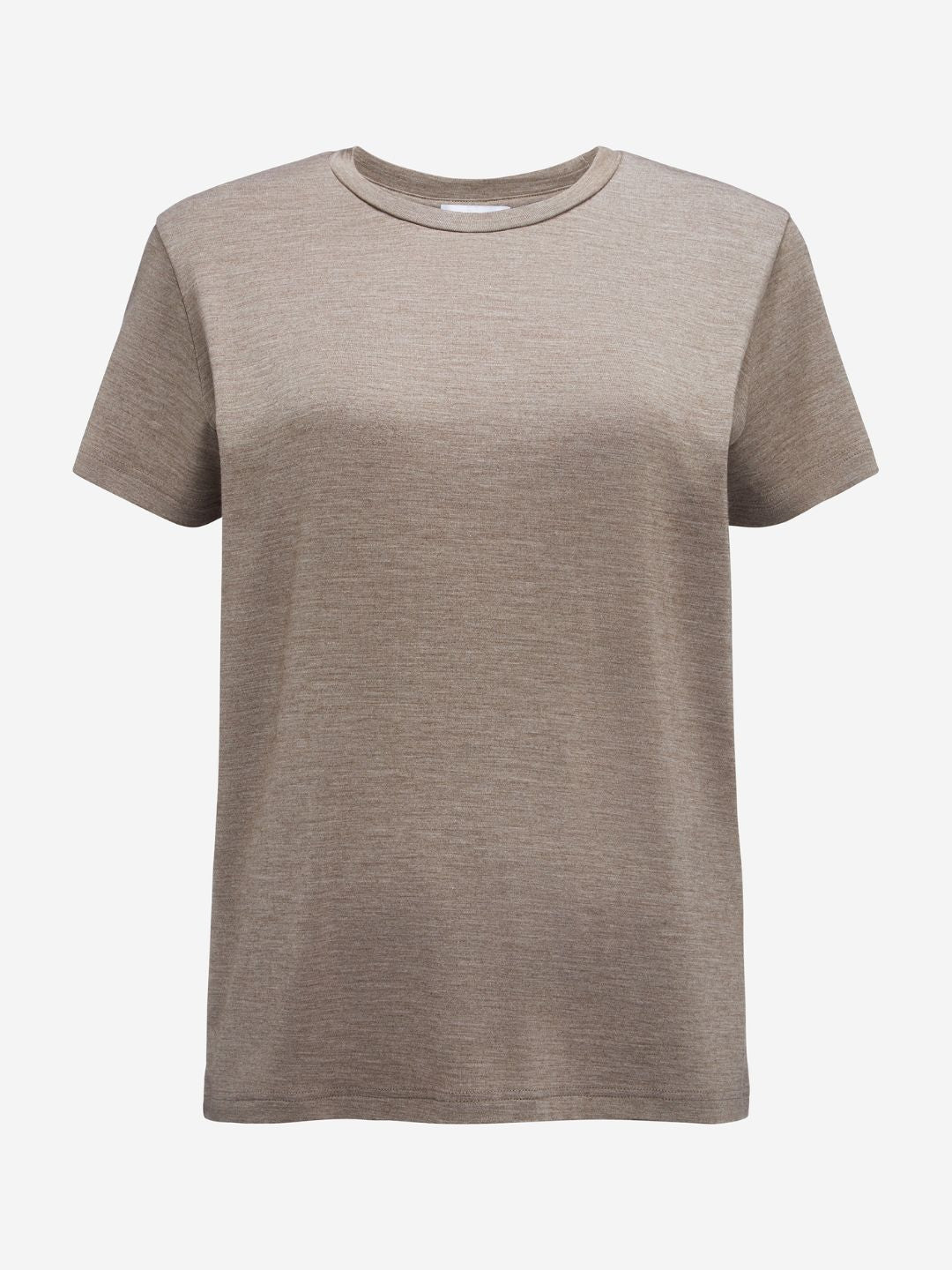 The Hygge Tee Women by We Norwegians is a plain, light brown short-sleeved t-shirt with a round neckline displayed against a white background. The fabric appears to be soft and comfortable, making it an ideal base layer for casual wear.