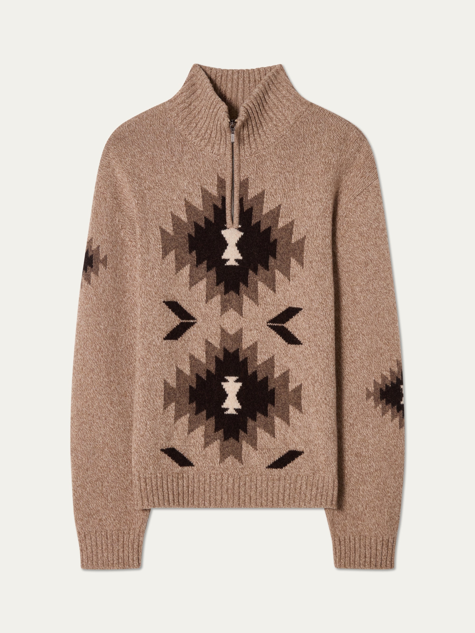The Hovden Sweater Men by We Norwegians is a tan après-ski half-zip sweater, featuring bold black, brown, and cream geometric patterns on the front and sleeves.