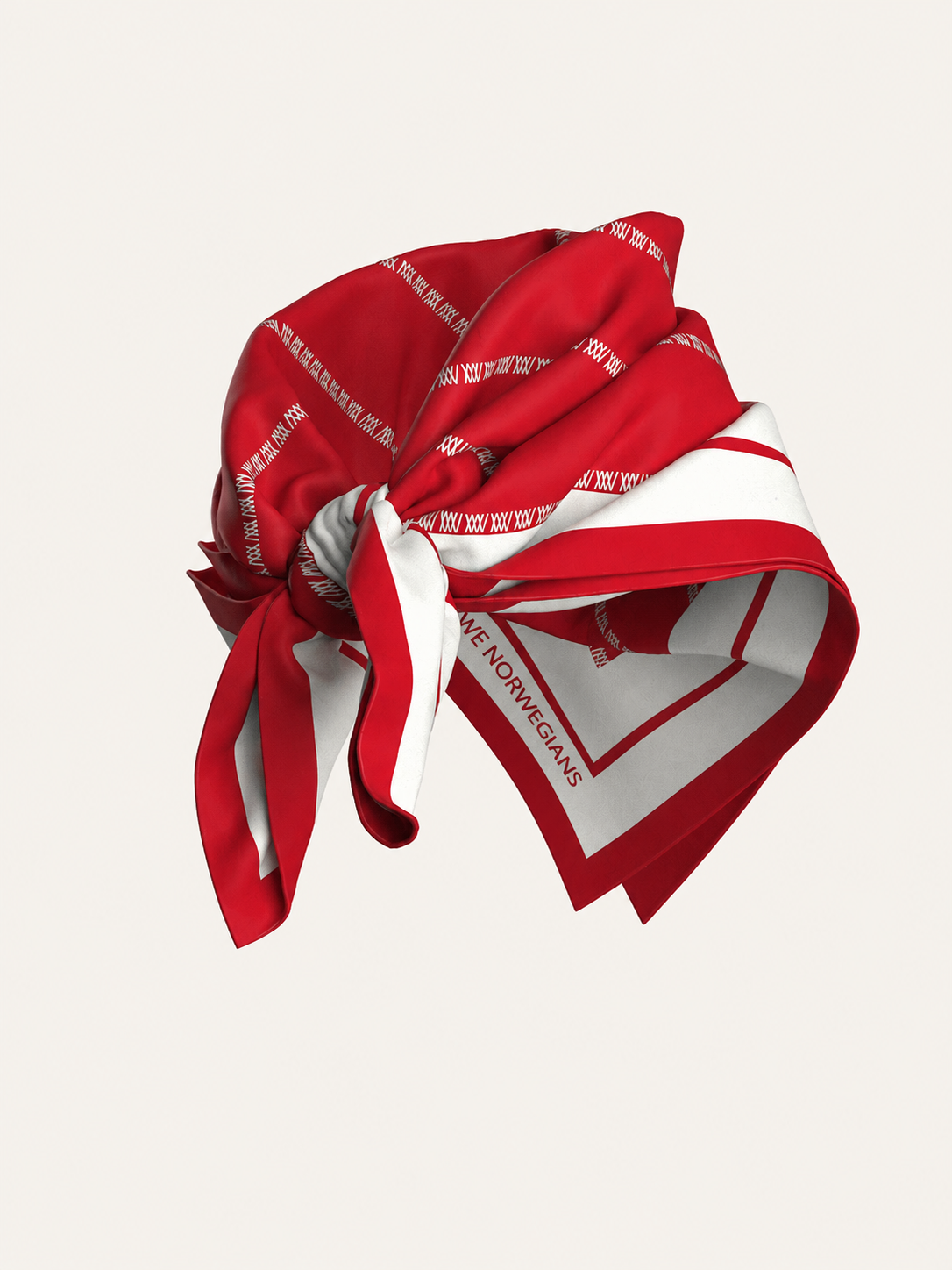 The We Norwegians Ship Silk Scarf, crafted from red and white silk twill with text along the borders, is elegantly tied in a loose knot and displayed against a plain light background—a sophisticated designer accessory that elevates any ensemble.