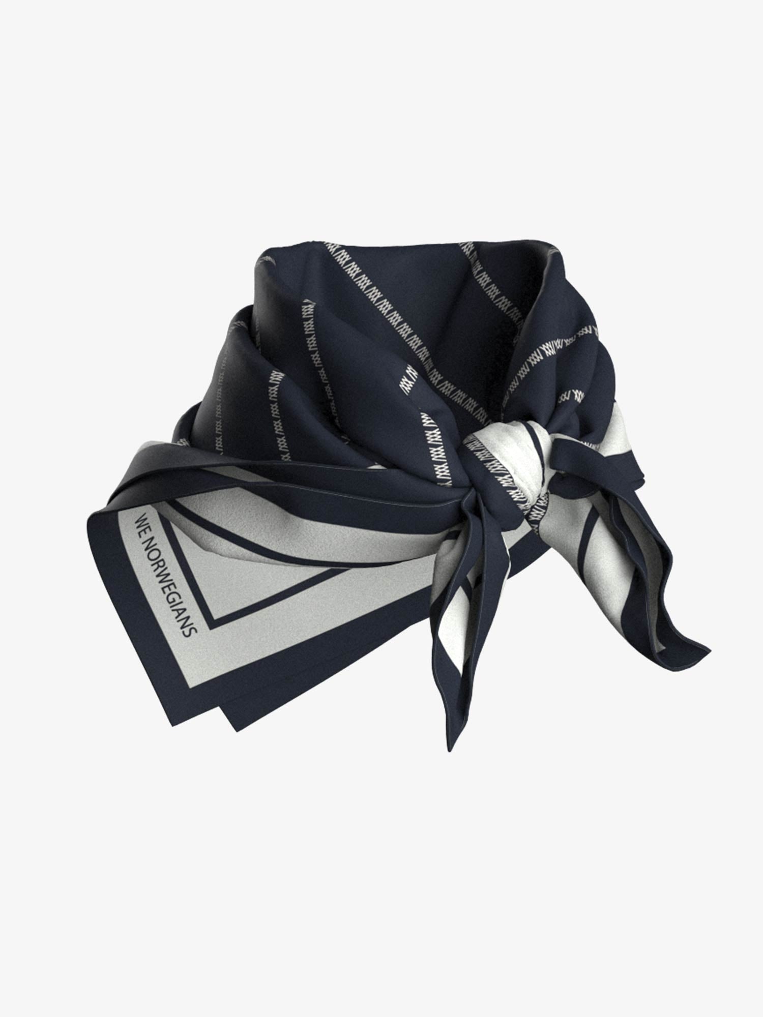 The Ship Silk Scarf by We Norwegians, in navy blue and white silk-twill with geometric stripes and signature branding on one corner, is shown tied in a loose knot against a plain white background.