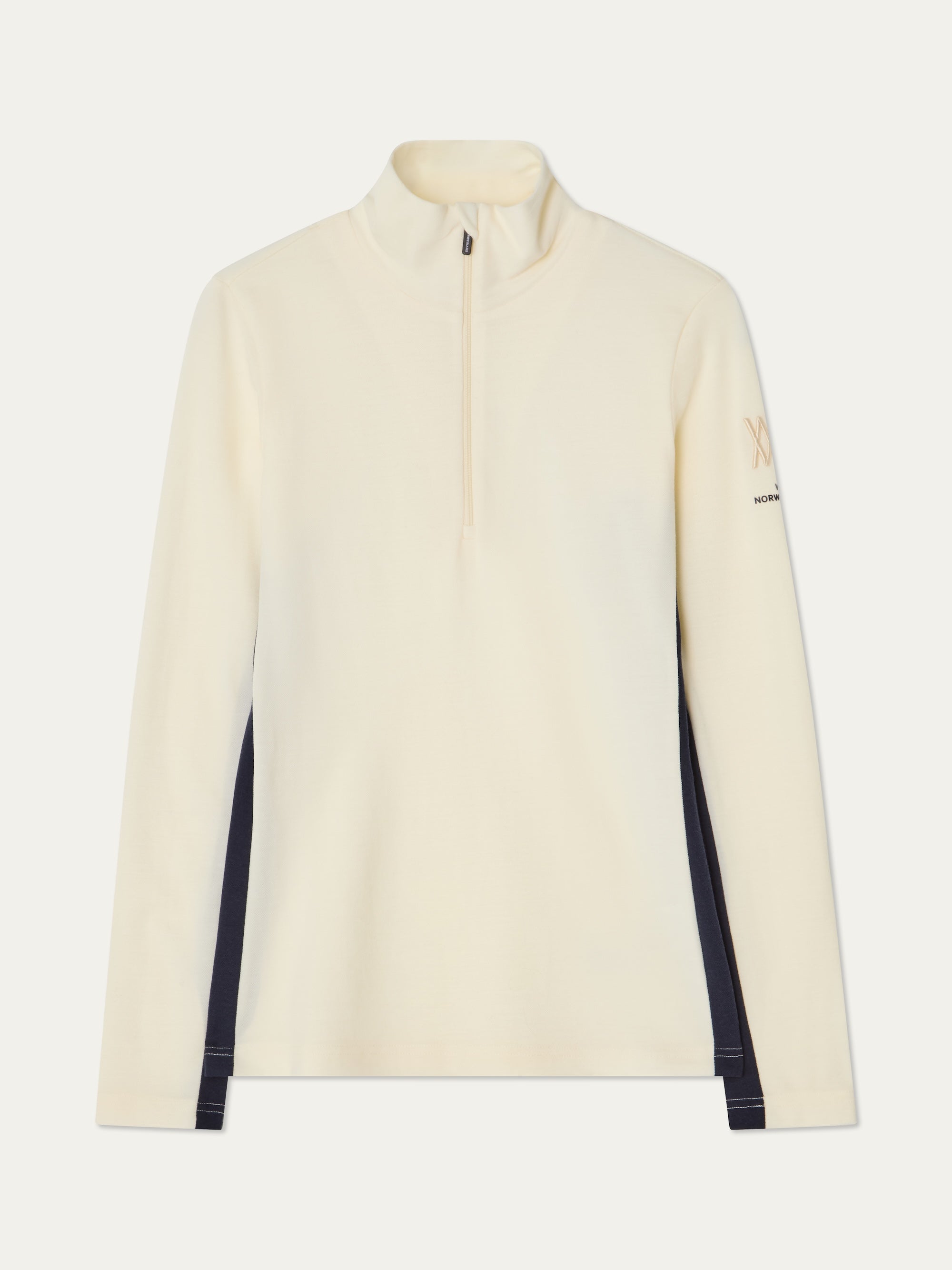 We Norwegians | FW25 | Womens Voss 1/4-Zip_Off white | A light knit top with a stand collar, 1/4th zipper opening and long sleeves on an off-white background