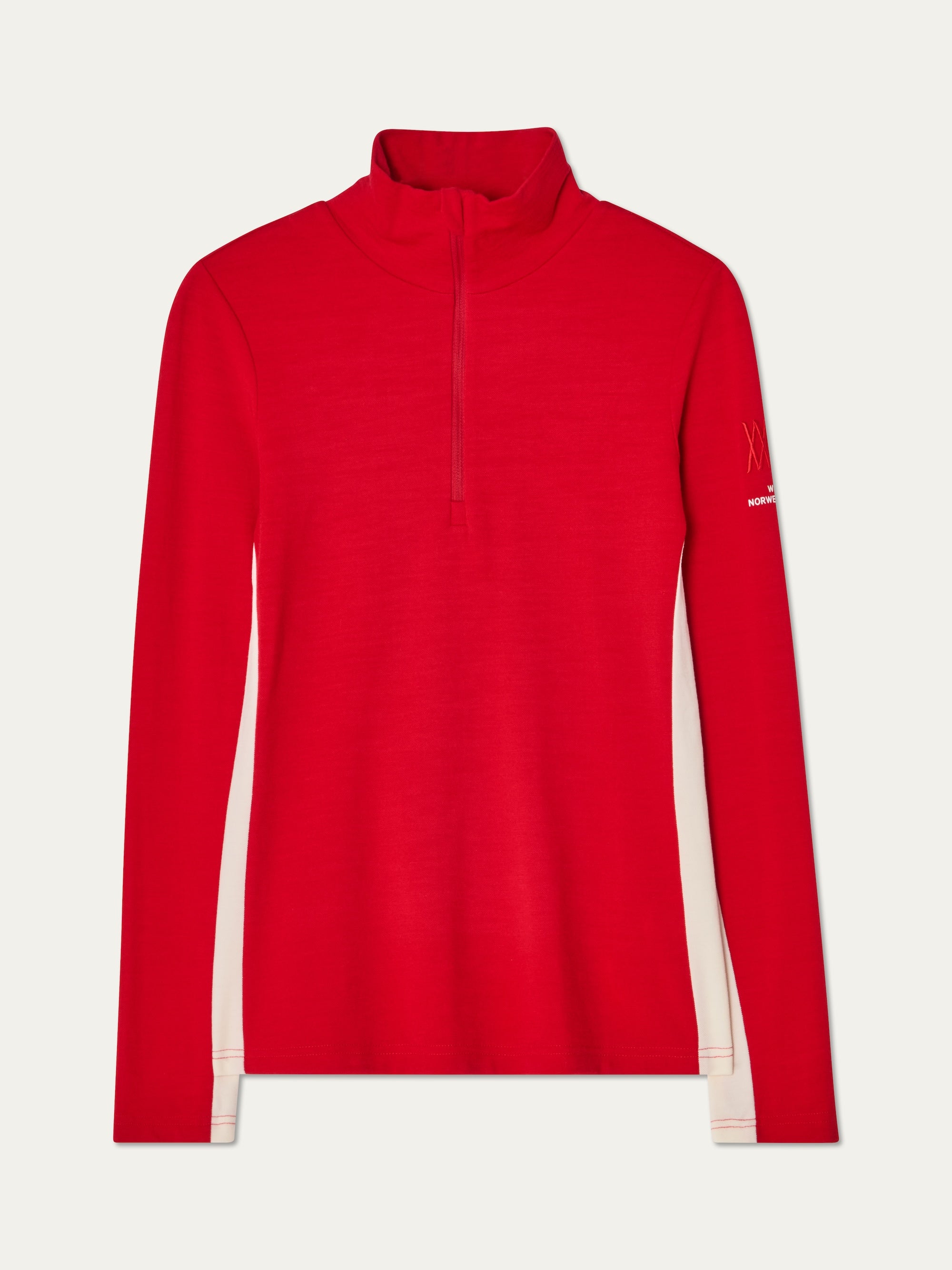 We Norwegians | FW25 | Womens Voss 1/4-Zip_Red | A light knit top with a stand collar, 1/4th zipper opening and long sleeves on an off-white background