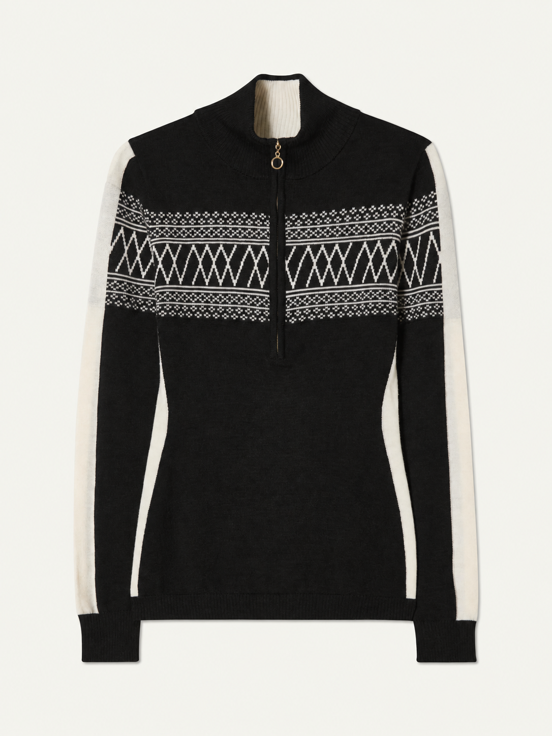 The We Norwegians Signature 1/4-Zip Women is a black long-sleeve sweater made from premium Merino Wool, featuring a bold white Setesdal pattern across the chest, crisp white panels along the sleeves and sides, and a Signature 1/4-zip neckline.