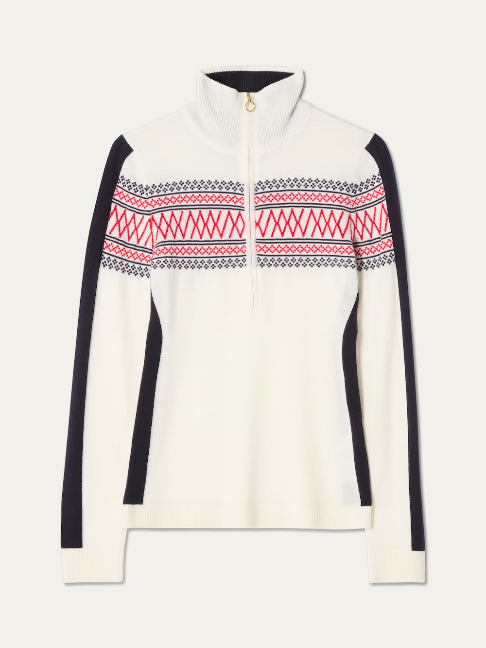 Signature 1/4-Zip Women by We Norwegians—a white quarter-zip sweater in soft Merino wool, adorned with black and red Setesdal pattern motifs across the chest and shoulders, featuring black side panels and sleeves, and finished with a ribbed high collar and Signature 1/4-Zip.