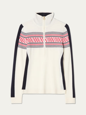 Signature 1/4-Zip Women by We Norwegians—a white quarter-zip sweater in soft Merino wool, adorned with black and red Setesdal pattern motifs across the chest and shoulders, featuring black side panels and sleeves, and finished with a ribbed high collar and Signature 1/4-Zip.