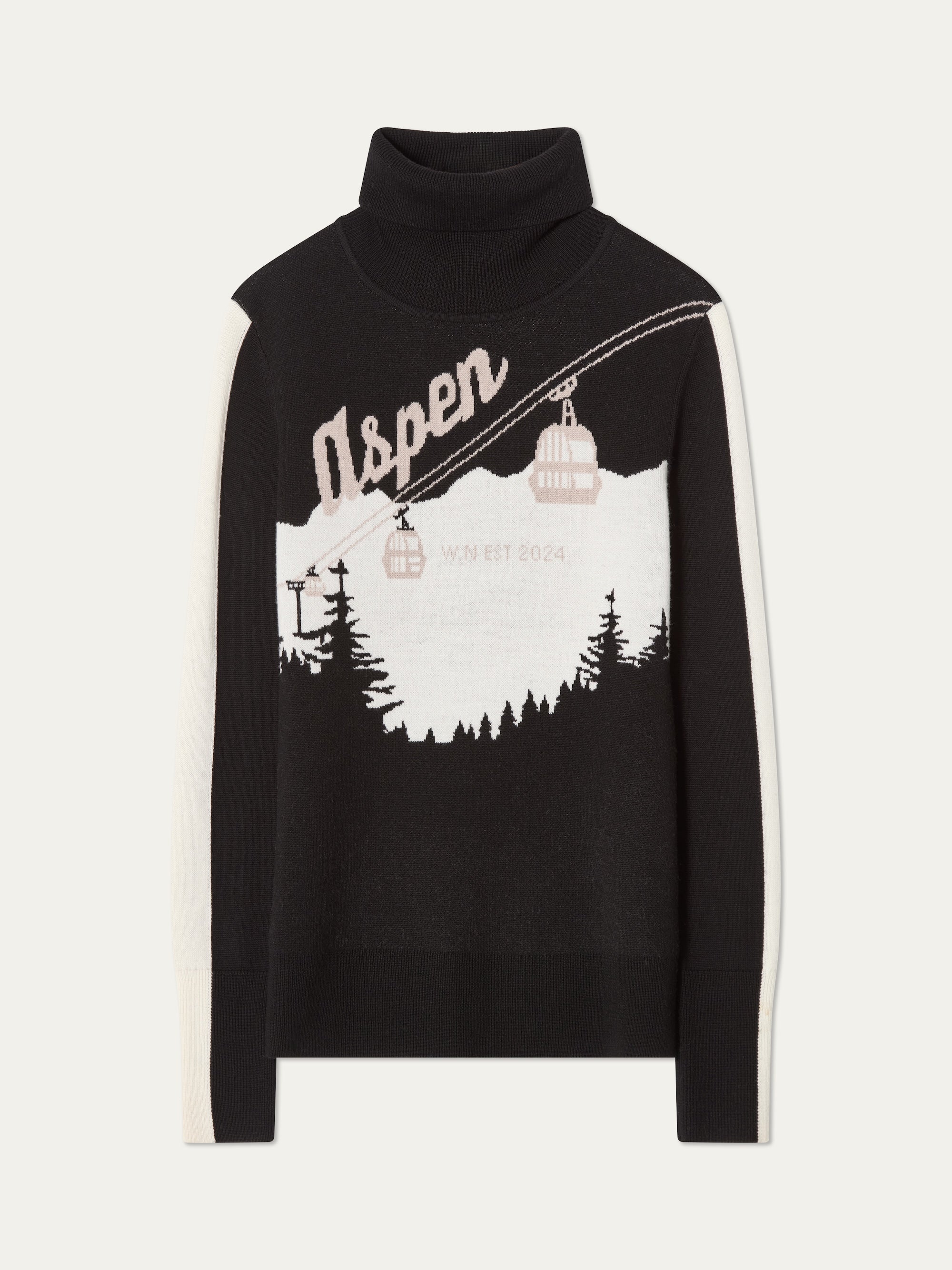 We Norwegians’ Afterski Sweater Women features black and white colorblocking, a vintage ski design with a mountain scene, pine trees, cable cars, and “Aspen” emblazoned across the top.