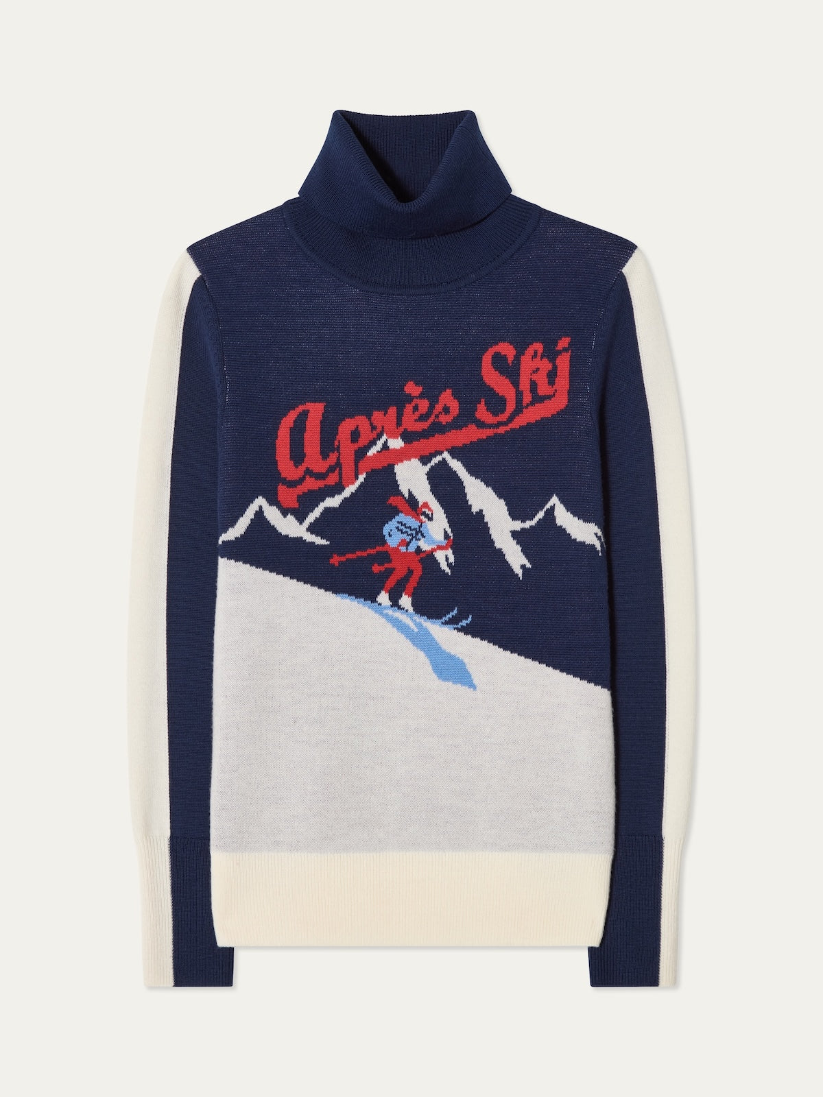 The Afterski Sweater Women by We Norwegians is a navy and white vintage-inspired turtleneck ski sweater, featuring a skier on a snowy slope with a mountain backdrop and bold red “Après Ski” text across the chest.