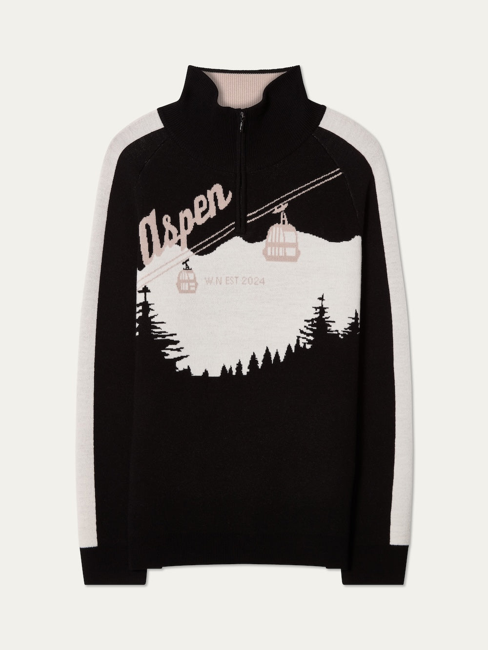 The We Norwegians Afterski Sweater Men is a black and white vintage ski sweater with "Aspen" on the front, mountain and tree motifs, two cable cars, "W.N EST 2024," a half-zip collar, and long sleeves.