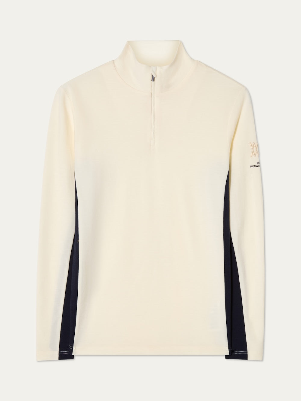 We Norwegians | FW25 | Mens Voss 1/4-Zip_Off white | A light weight knitted top with a stand collare, 1/4th zipper opening and long sleeves on an off-white background